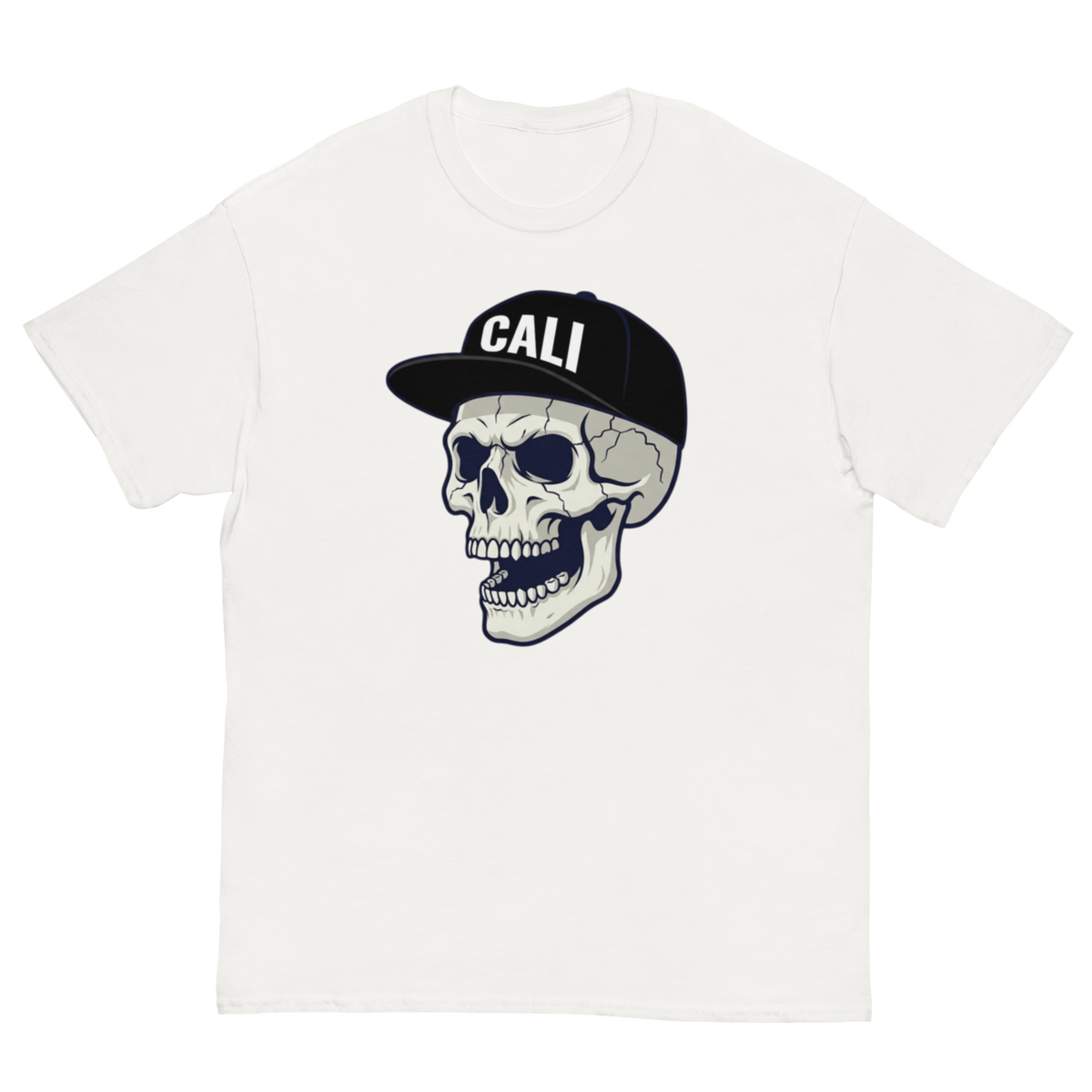 A white short-sleeve crewneck t-shirt featuring a graphic of a skull wearing a black baseball cap with 'CALI' printed in white on the front.