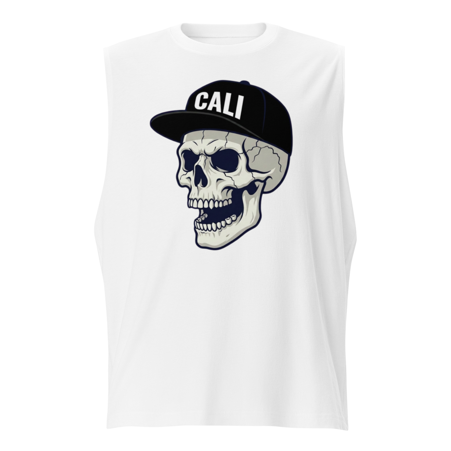 A white sleeveless tank top featuring a graphic of a skull wearing a black baseball cap with the word 'CALI' in white, displayed on a clean white background.