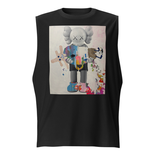 A black sleeveless tank top featuring a large square graphic print of a stylized cartoon character in a colorful graffiti-style painting, shown against a plain white background.