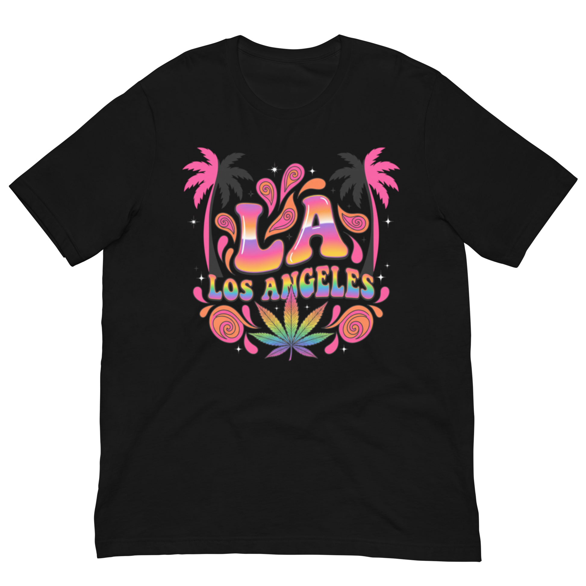 A black short-sleeve crewneck t-shirt featuring a colorful retro graphic on the chest with the text 'LA LOS ANGELES' in a rainbow gradient, flanked by pink palm trees and a green cannabis leaf motif.