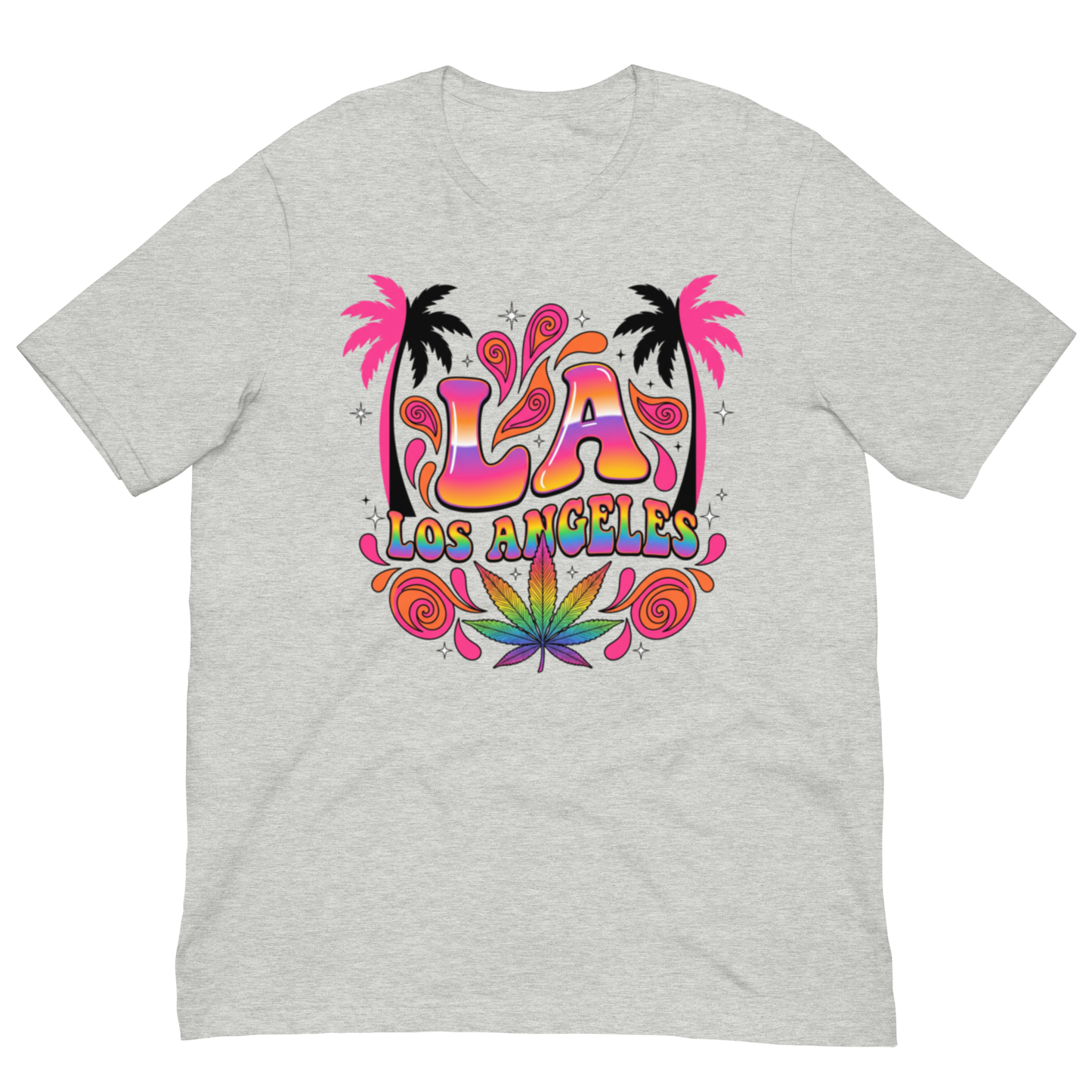 A light heather gray crewneck t-shirt featuring a vibrant, colorful retro graphic on the chest with the text 'LA LOS ANGELES' in rainbow colors, flanked by pink and black palm trees and a green marijuana leaf at the bottom.