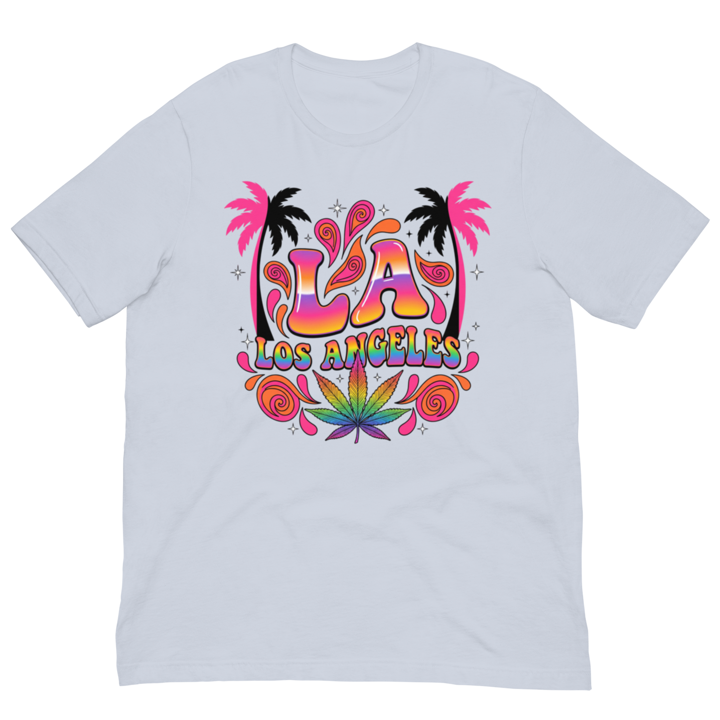 A light gray crewneck t-shirt featuring a colorful retro-style graphic on the chest with the text 'LA LOS ANGELES' in a rainbow gradient, flanked by pink palm trees and a green cannabis leaf.