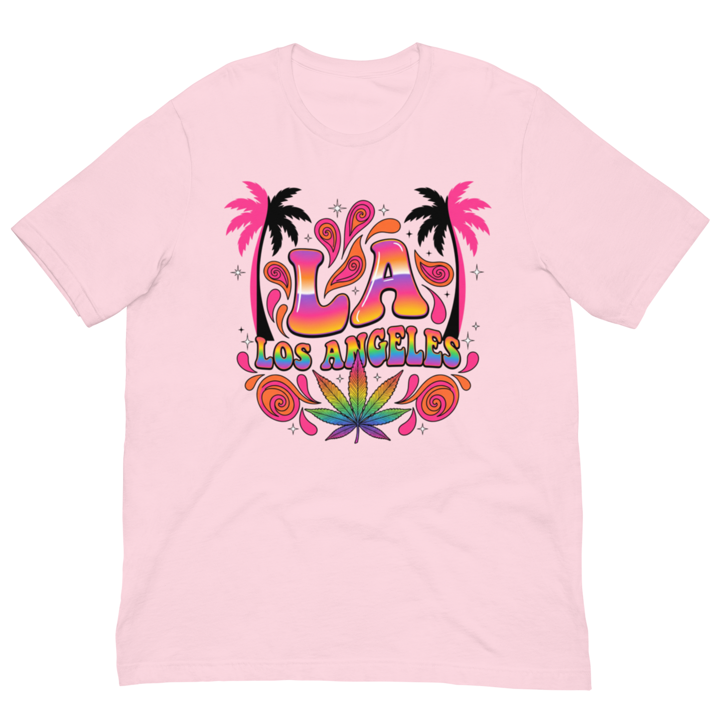 A light pink short-sleeve t-shirt with a colorful retro graphic on the chest featuring the text 'LA LOS ANGELES' in a rainbow gradient, flanked by pink palm trees and a green cannabis leaf at the bottom.