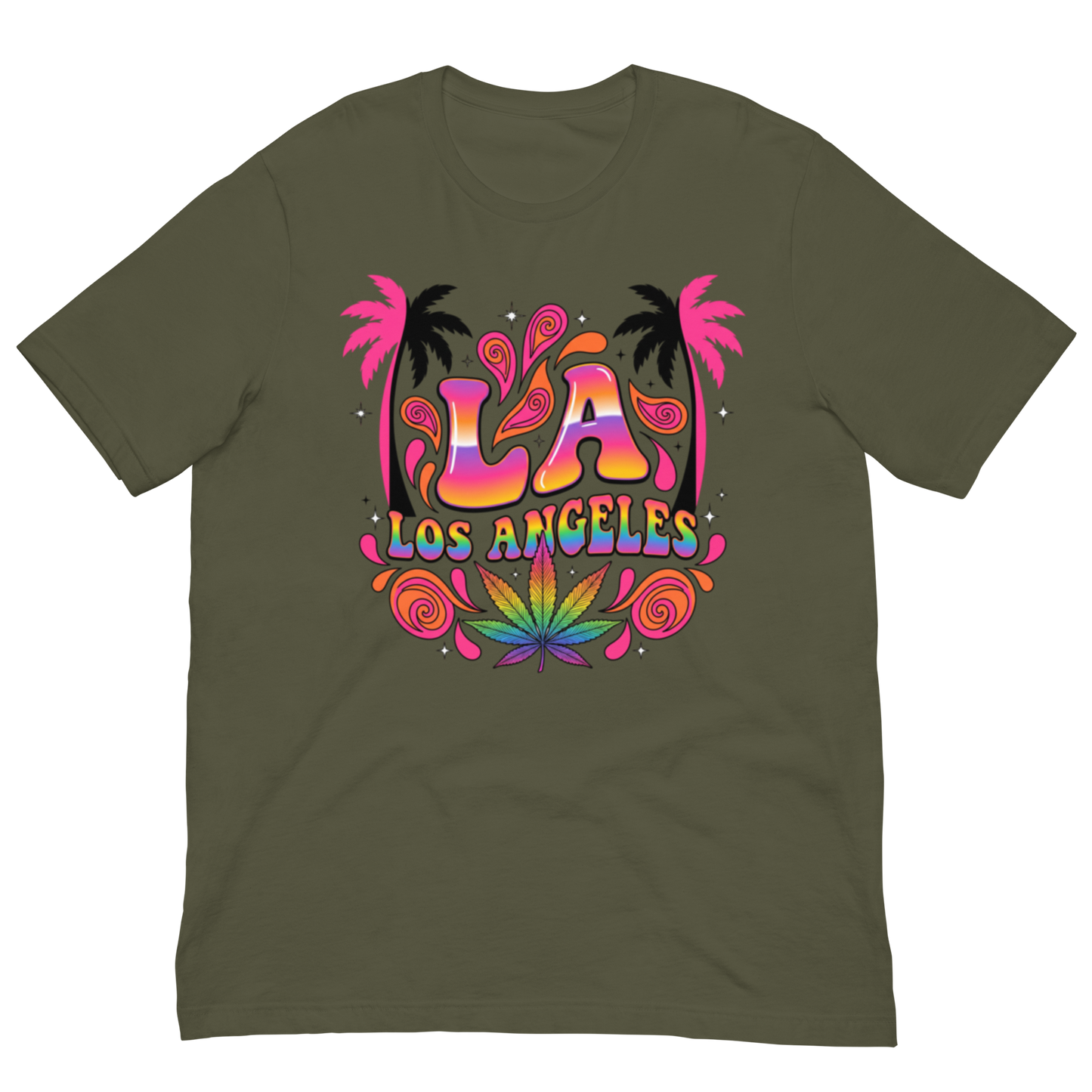 An olive green short-sleeve t-shirt with a colorful retro graphic on the chest featuring the text 'LA LOS ANGELES' in a rainbow gradient, flanked by pink palm trees and a psychedelic leaf design.
