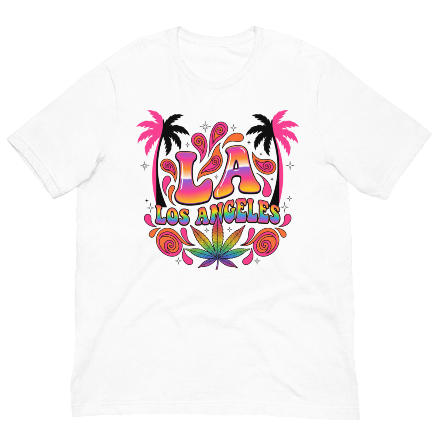 A white short-sleeve crewneck t-shirt featuring a colorful retro-style graphic on the chest with the text 'LA LOS ANGELES' in rainbow gradient lettering, flanked by pink palm trees and a green cannabis leaf at the bottom.