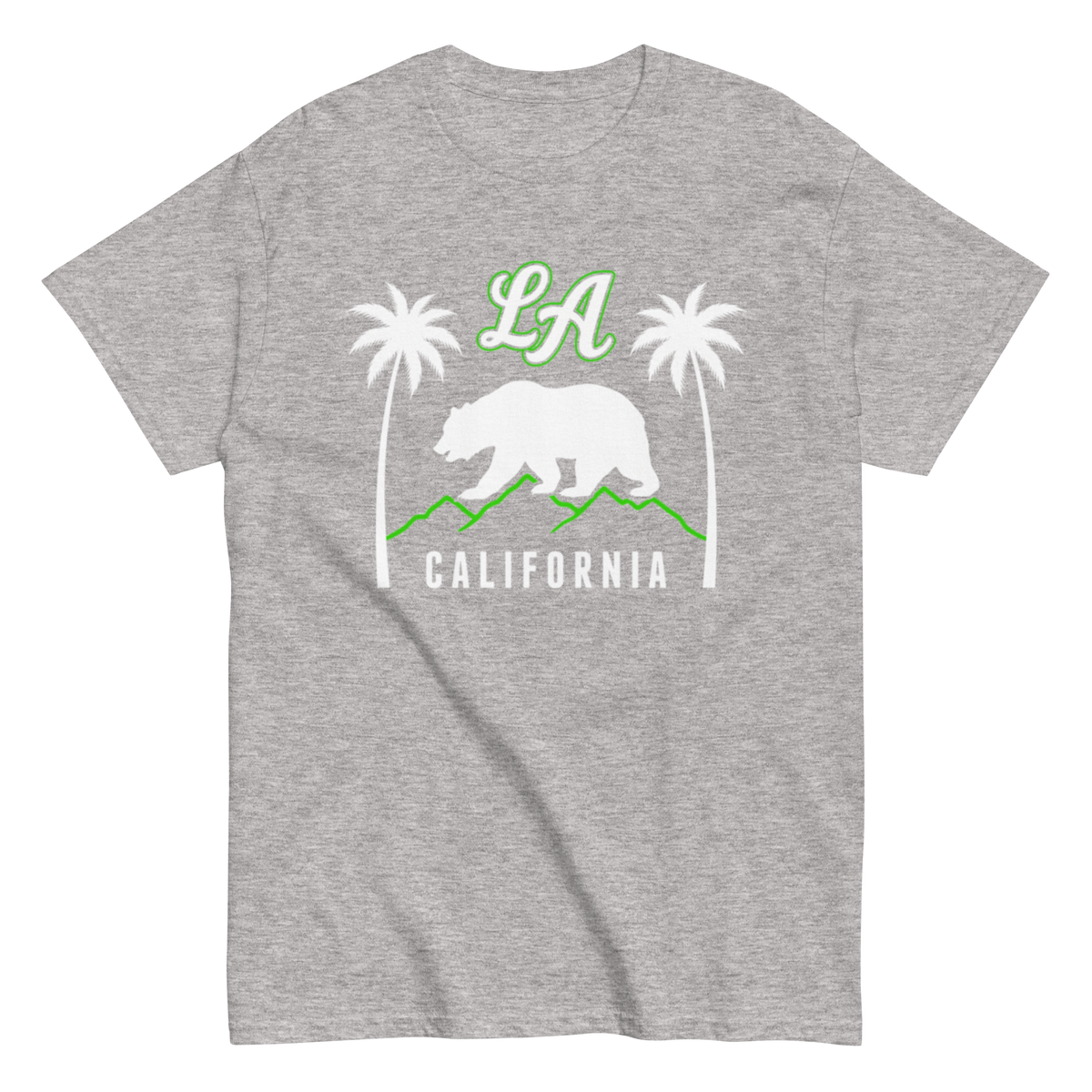 A heather gray short-sleeve t-shirt with a California-themed graphic on the chest, featuring a white bear, green mountains, palm trees, 'LA' in green, and 'CALIFORNIA' in white.