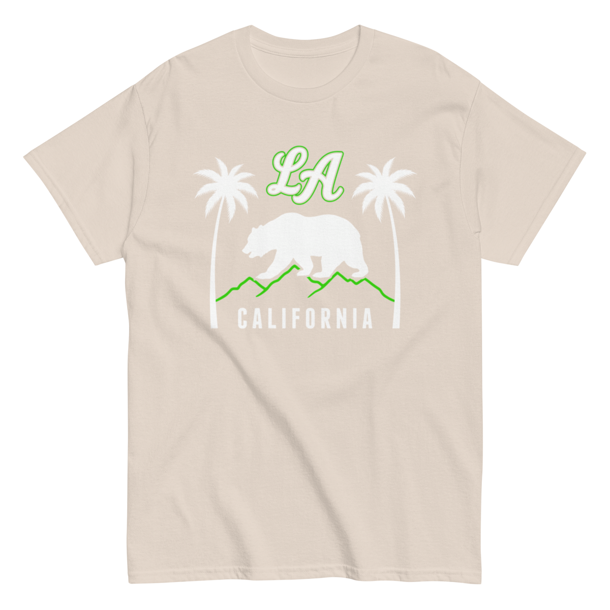 A light beige crewneck t-shirt featuring a California-themed graphic print with a white bear, green mountains, and the words 'LA' and 'CALIFORNIA'.