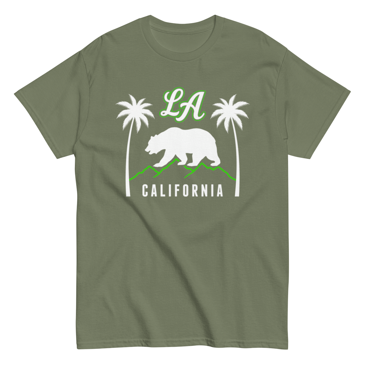 An olive green short-sleeve t-shirt with a California-themed graphic on the chest, featuring a white grizzly bear, two white palm trees, green 'LA' lettering, and 'CALIFORNIA' text.