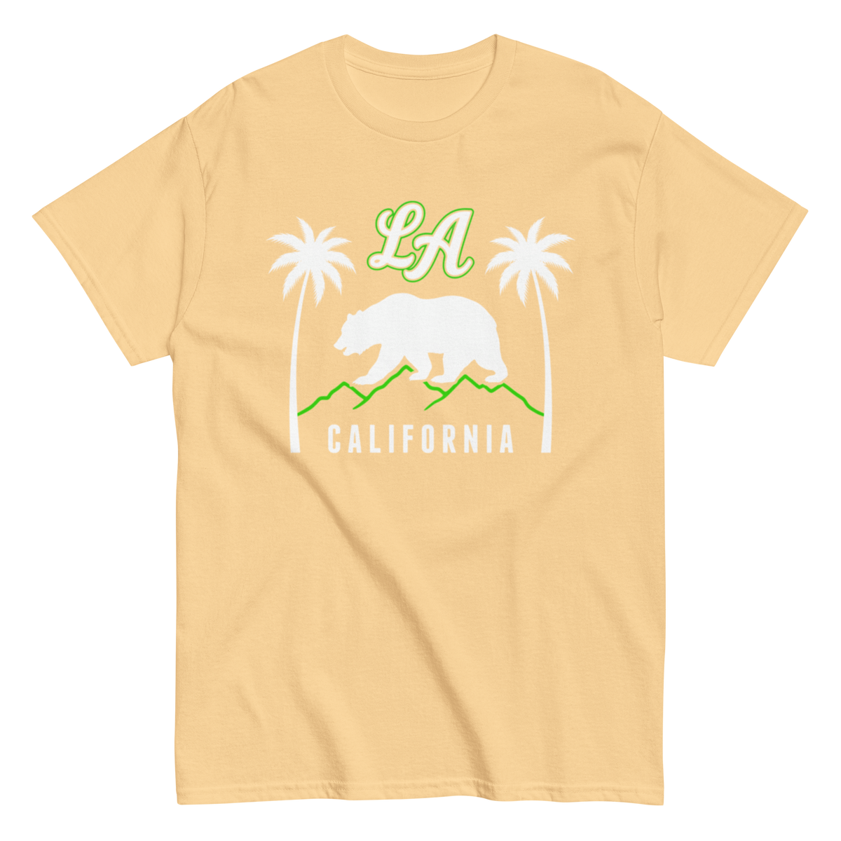 A pale yellow short-sleeve crewneck t-shirt featuring a California-themed graphic print with a white bear, green mountains, palm trees, and 'LA' and 'CALIFORNIA' text.