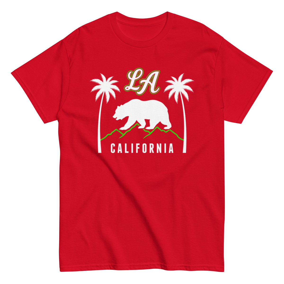 A red short-sleeve crewneck t-shirt featuring a California-themed graphic print with a white grizzly bear, two white palm trees, green lightning bolts, and the text 'LA' and 'CALIFORNIA'.