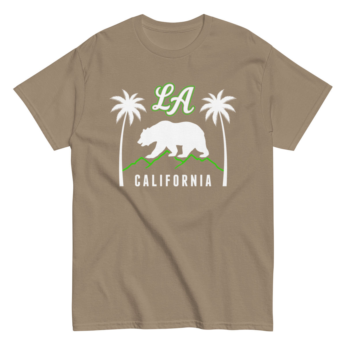 A taupe brown short-sleeve t-shirt with a California-themed graphic on the chest, featuring a white grizzly bear, green mountains, palm trees, 'LA' in green script, and 'CALIFORNIA' in white.