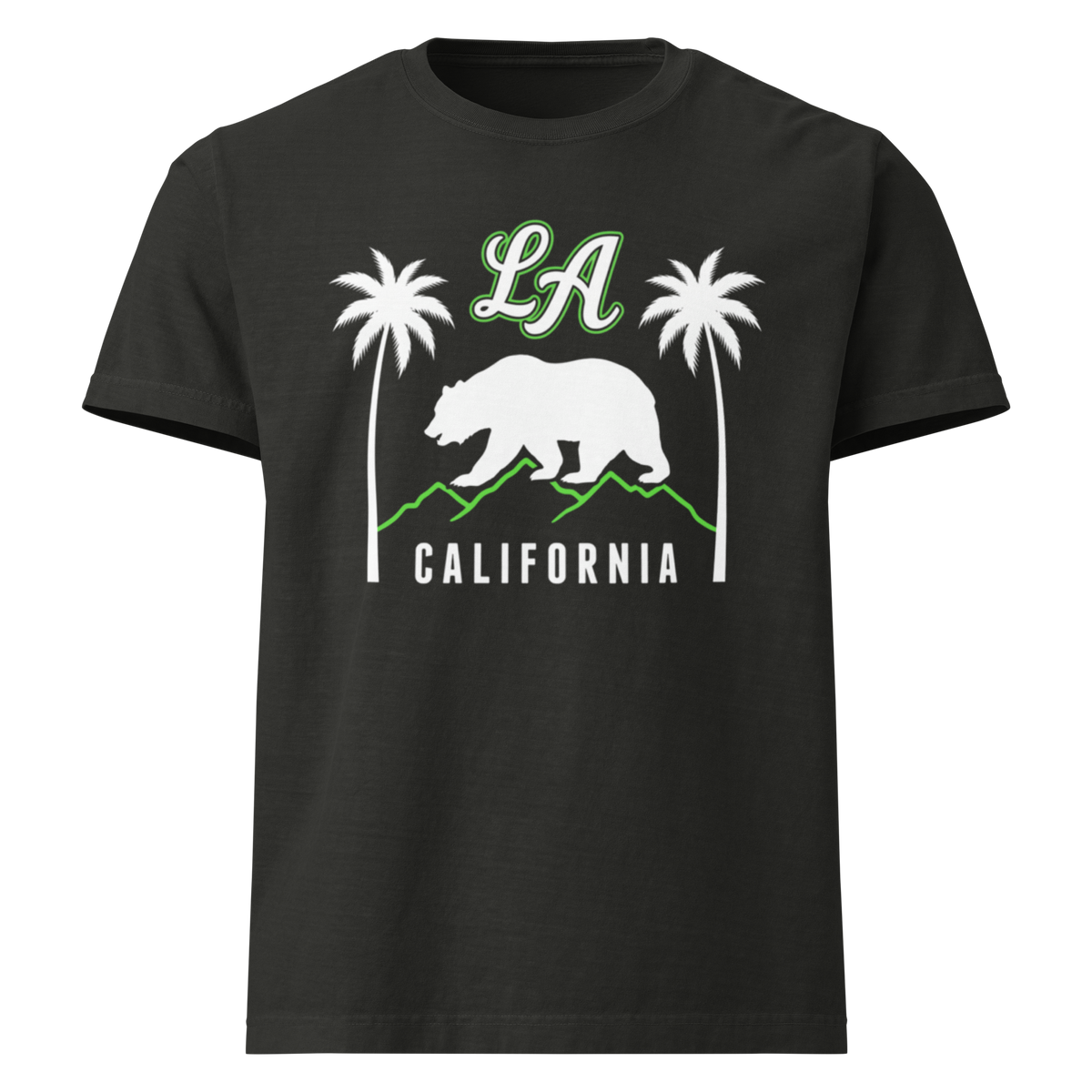 A black short-sleeve crewneck t-shirt featuring a California-themed graphic print with a white bear, palm trees, green accents, and the text 'LA' and 'CALIFORNIA'.