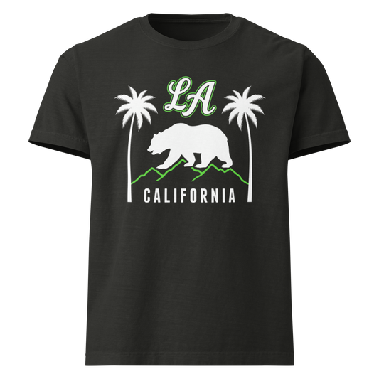 A black short-sleeve crewneck t-shirt featuring a California-themed graphic print with a white bear, palm trees, green accents, and the text 'LA' and 'CALIFORNIA'.
