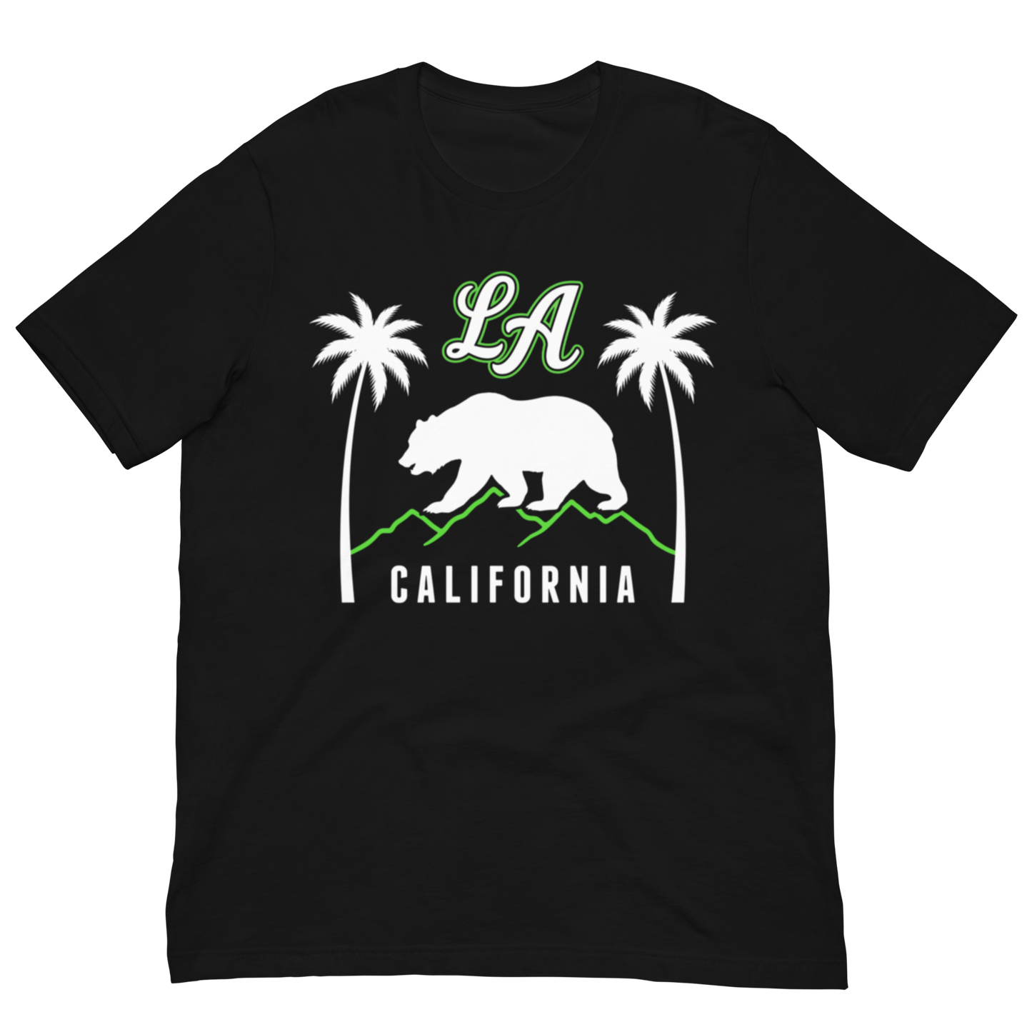 A black short-sleeve crewneck t-shirt featuring a California-themed graphic print on the front. The design includes the green-outlined letters 'LA' above a white California bear, white palm trees, green mountains, and the word 'CALIFORNIA' in white.