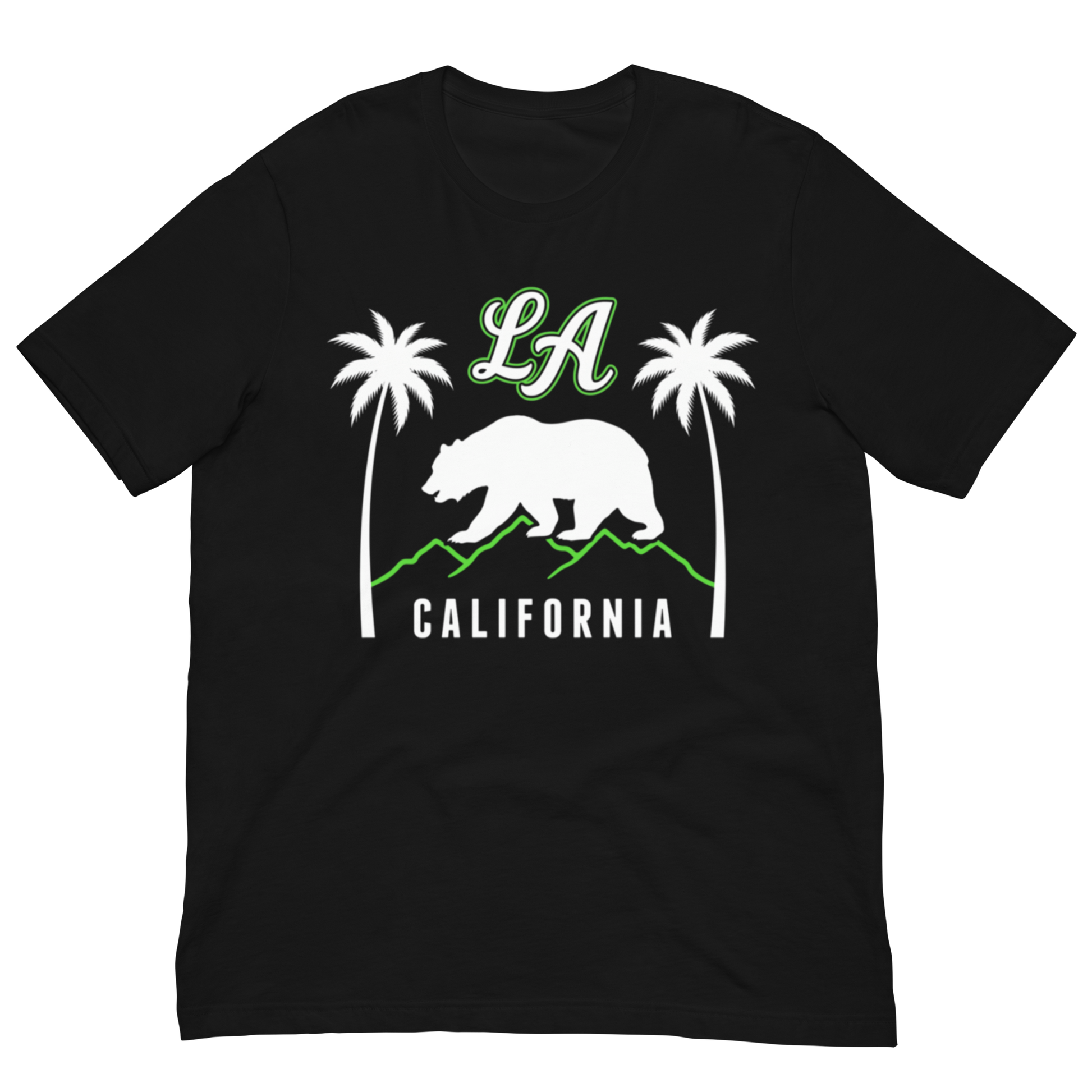 A black short-sleeve crewneck t-shirt featuring a California-themed graphic print on the front. The design includes the green-outlined letters 'LA' above a white California bear, white palm trees, green mountains, and the word 'CALIFORNIA' in white.