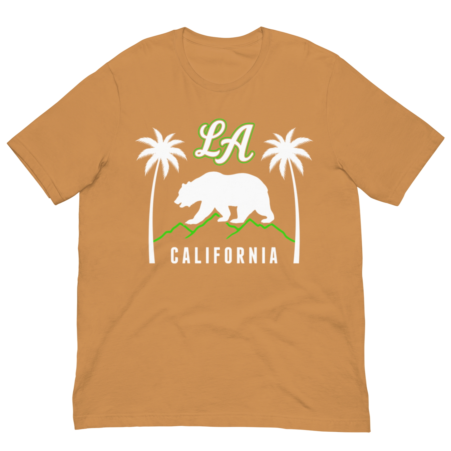 A short-sleeve crewneck t-shirt in a warm ochre or camel shade, featuring a white and green graphic print of a California bear, palm trees, 'LA' text, and 'CALIFORNIA' on the front.