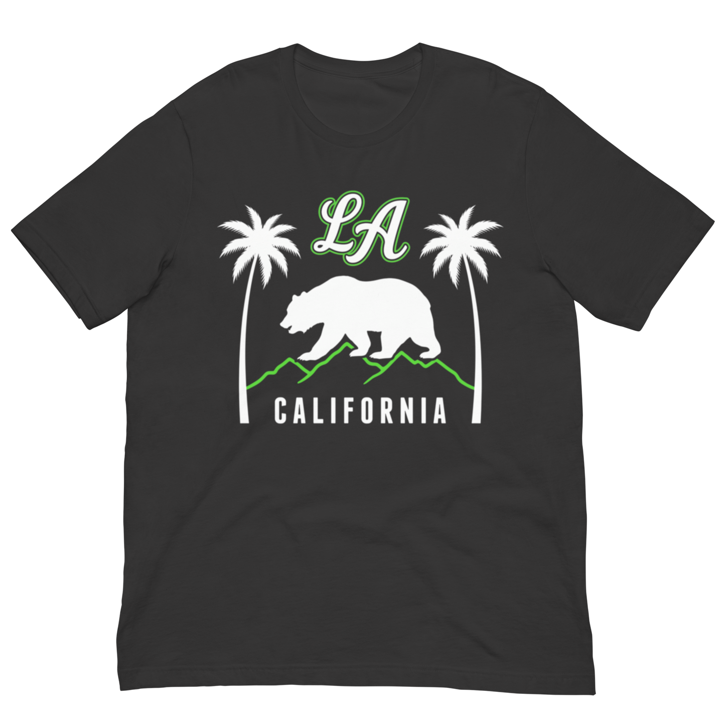 A dark charcoal gray short-sleeve t-shirt with a graphic print of a white California bear, two white palm trees, green 'LA' lettering, and 'CALIFORNIA' text on the front.