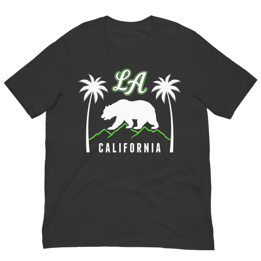 A dark charcoal gray short-sleeve t-shirt with a graphic print of a white California bear, two white palm trees, green 'LA' lettering, and 'CALIFORNIA' text on the front.