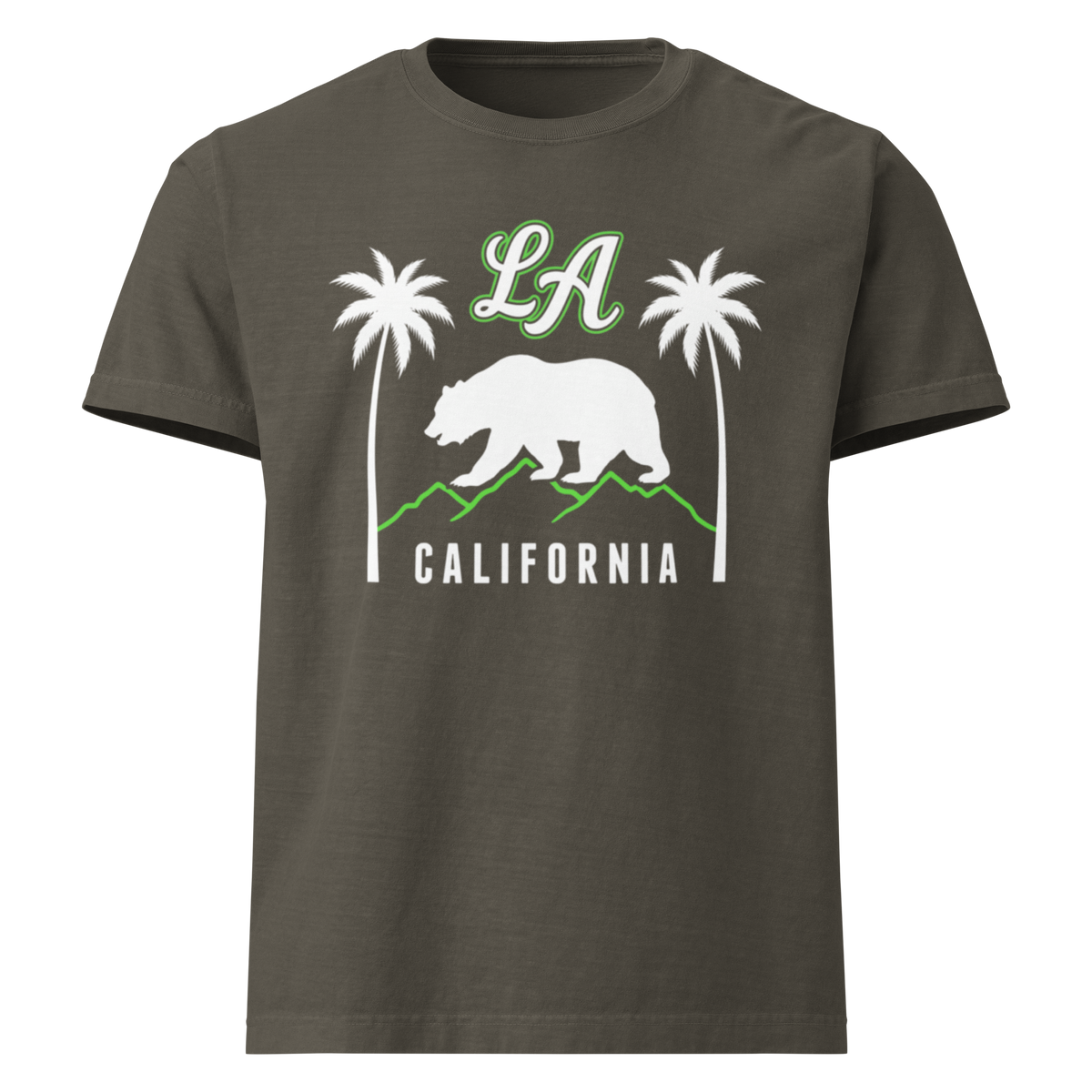 A dark green short-sleeve t-shirt with a graphic print of a white bear, two white palm trees, green mountains, and 'LA' in green script above 'CALIFORNIA' in white text.