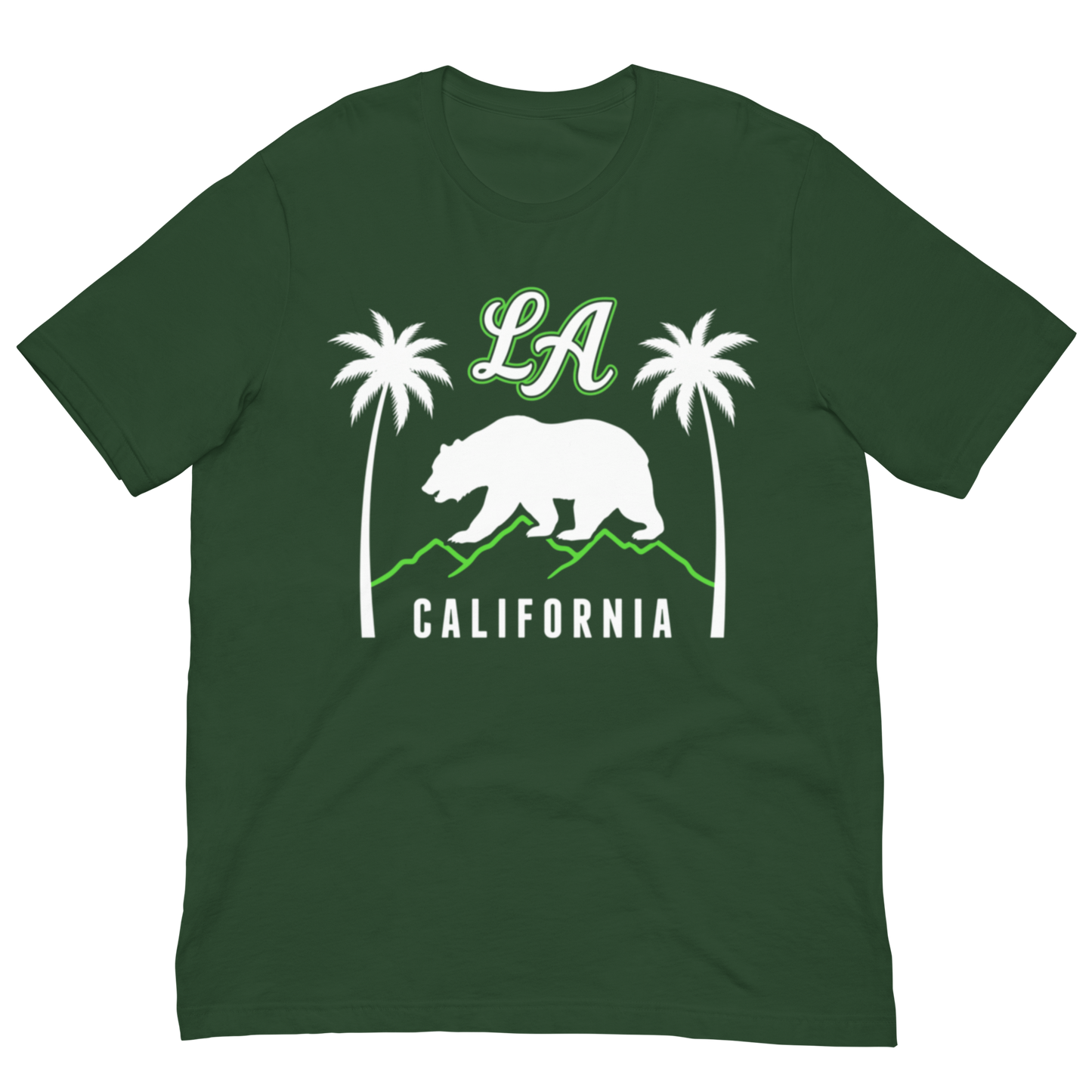 A dark green short-sleeve t-shirt with a white and green graphic on the chest featuring the text 'LA CALIFORNIA', a white bear, and two palm trees.