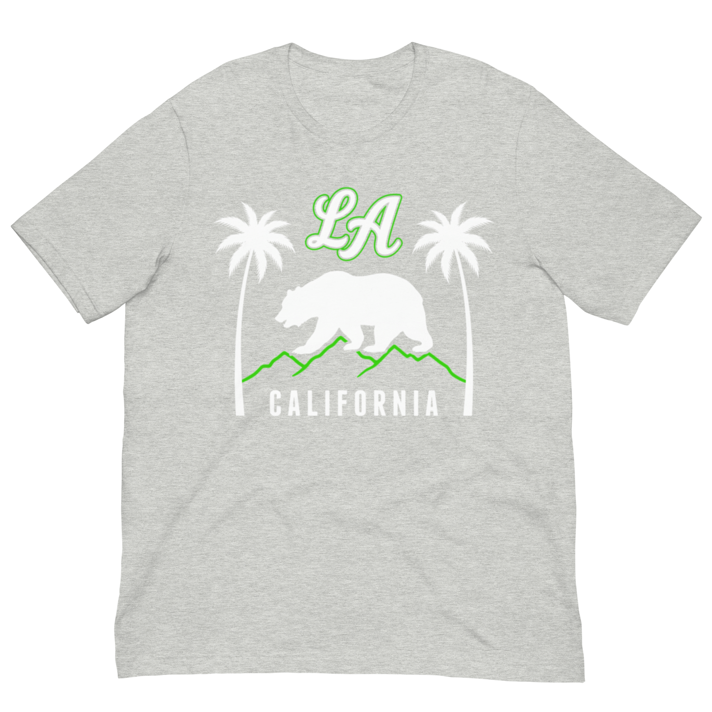 gray t-shirt with Palm Trees and Bear graphic and text 'LA California".