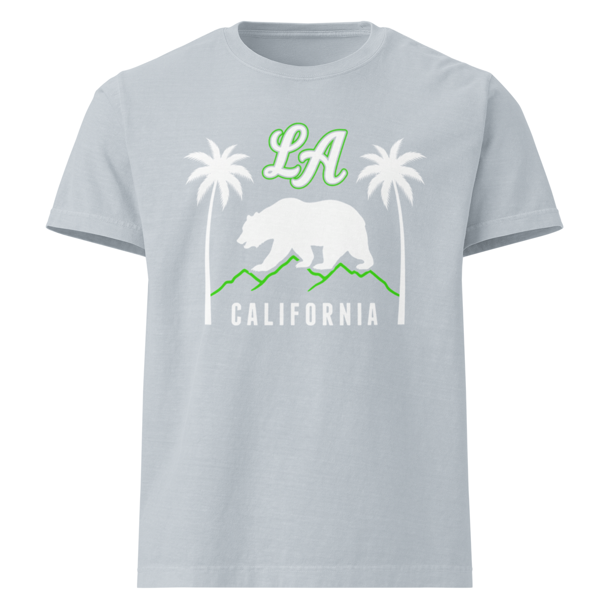 A light gray short-sleeve crewneck t-shirt featuring a California-themed graphic print with a white bear, green mountains, palm trees, 'LA' in green, and 'CALIFORNIA' in white.