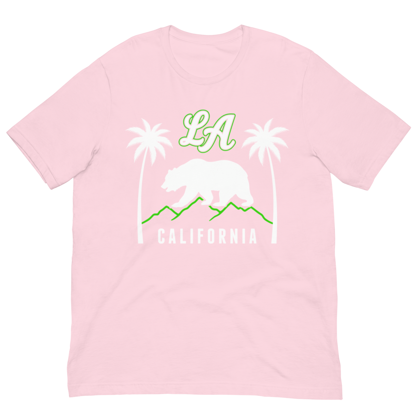 Light pink t-shirt with a California Bear graphic and text 'LA California' on a white background