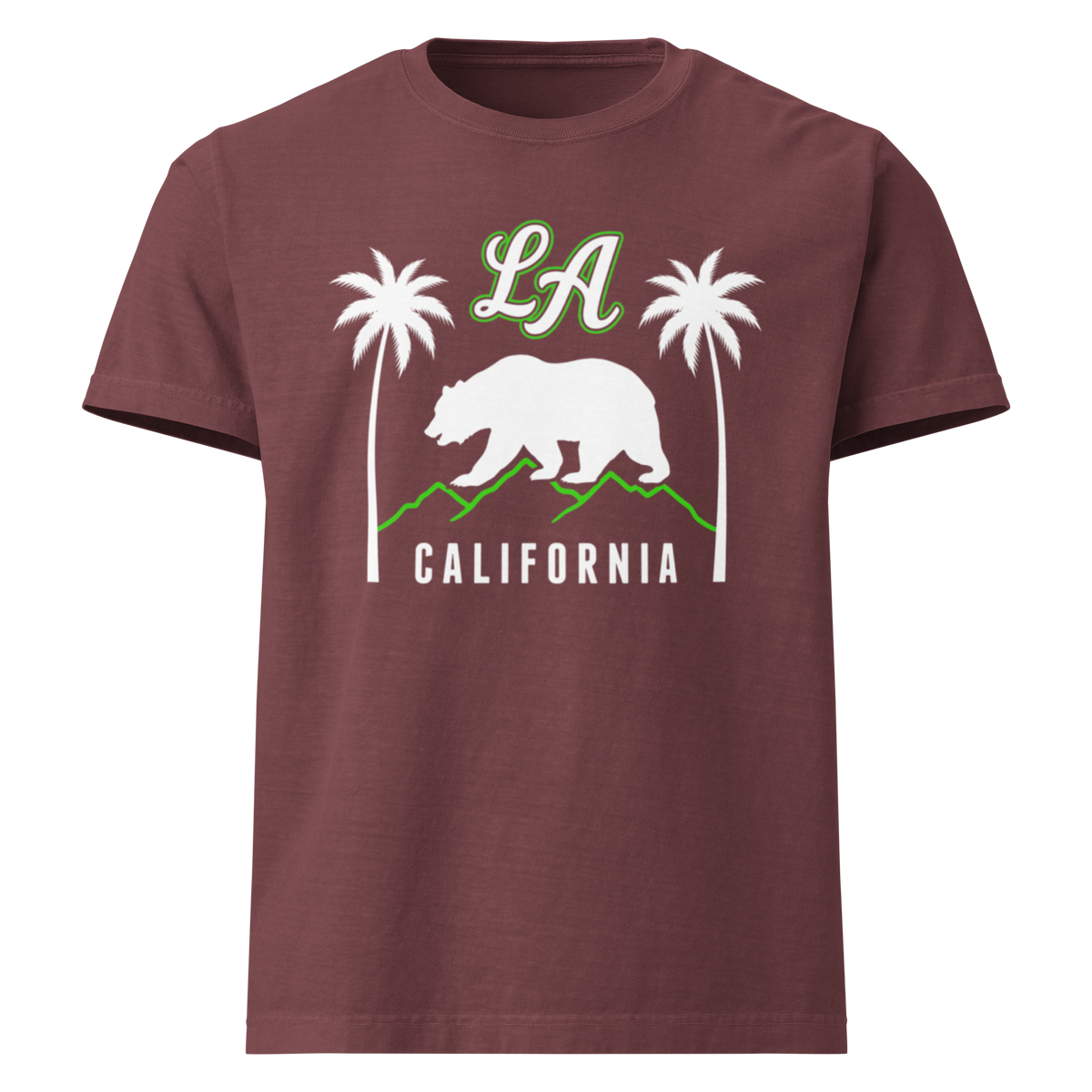 A short-sleeve crewneck t-shirt in maroon, featuring a California-themed graphic print with a white bear, palm trees, green mountains, and 'LA' and 'CALIFORNIA' text.