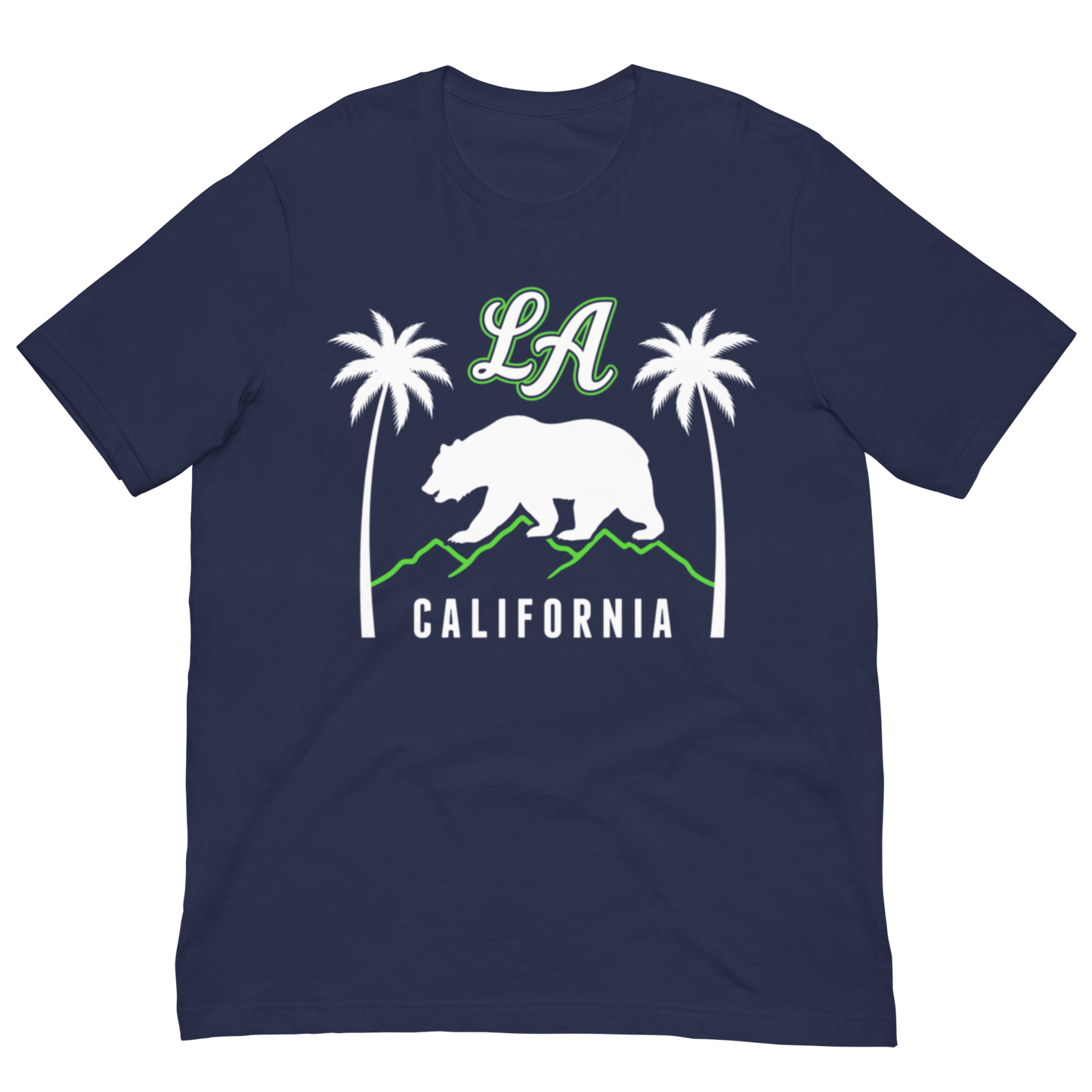 A navy blue short-sleeve t-shirt with a graphic print on the front featuring the text 'LA' in green, white palm trees, a white bear, green mountains, and 'CALIFORNIA' in white.