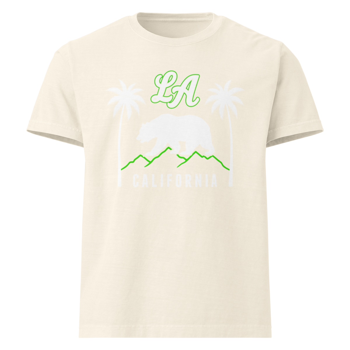 An off-white short-sleeve t-shirt with a California-themed graphic on the chest. The graphic features a white bear silhouette, green palm trees, green mountains, and green 'LA' lettering above the word 'CALIFORNIA'.