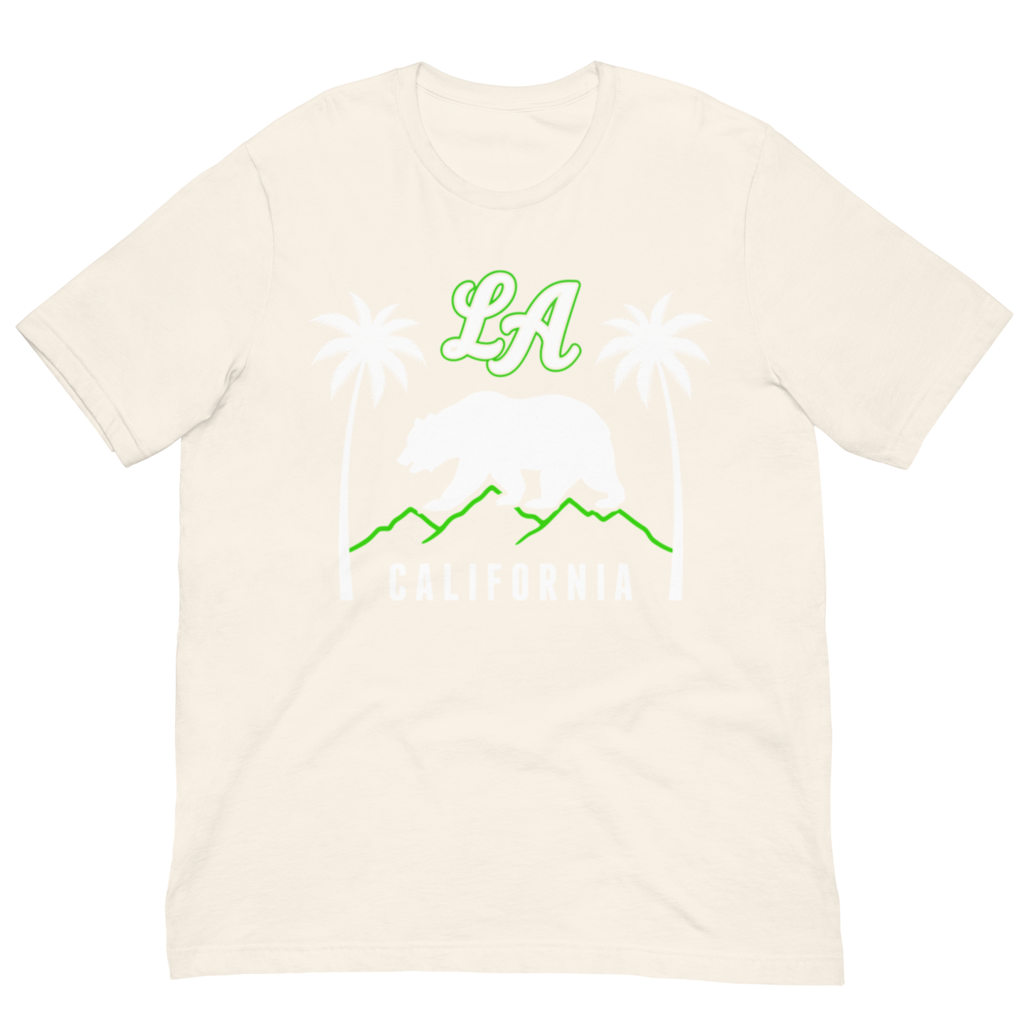 Off-white t-shirt with a California Bear graphic and text 'LA California' on a white background