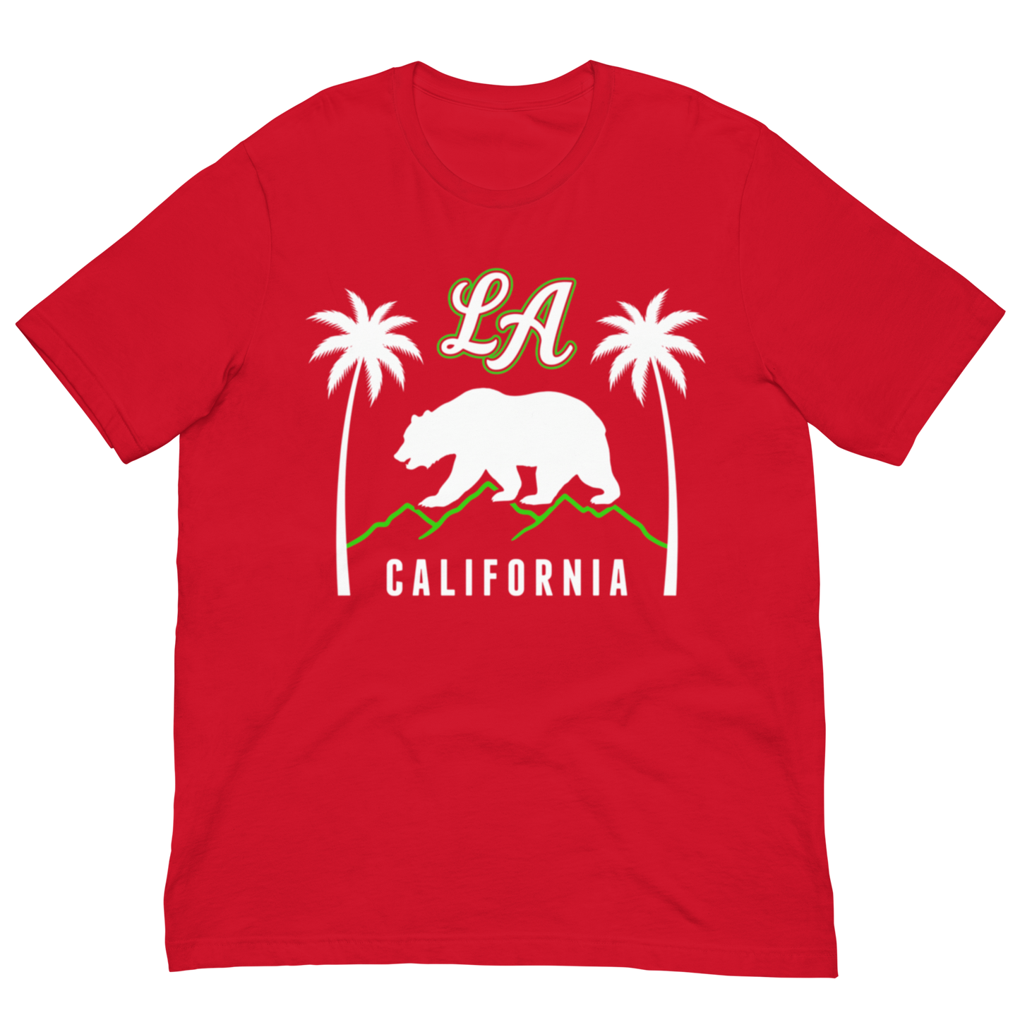 A red short-sleeve crewneck t-shirt featuring a California-themed graphic on the chest with a white bear, two white palm trees, green accents, and the text 'LA' and 'CALIFORNIA'.