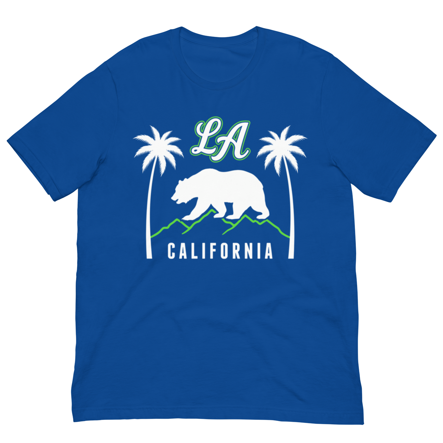 A royal blue short-sleeve t-shirt with a graphic print on the front featuring a white bear, green and white 'LA' text, white palm trees, and 'CALIFORNIA' text.