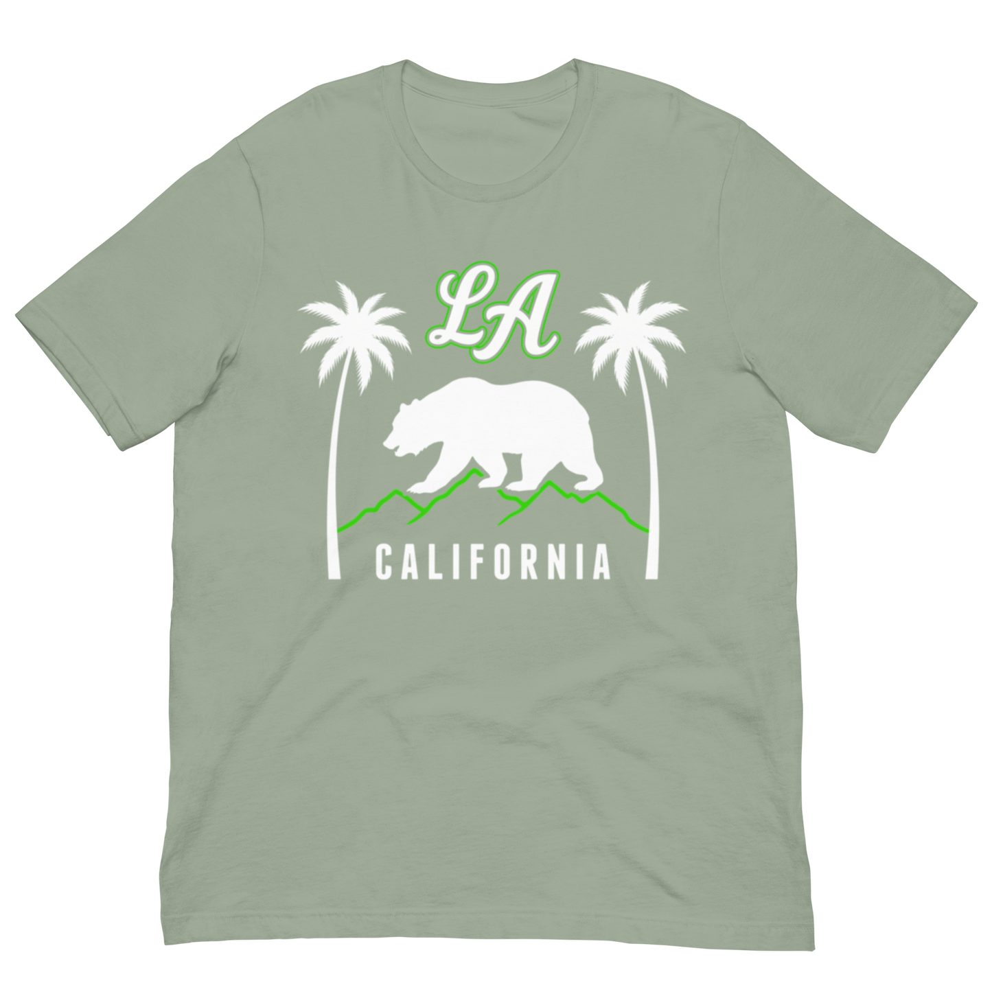 A sage green short-sleeve t-shirt with a graphic print featuring a white California bear, two white palm trees, green mountains, and 'LA' and 'CALIFORNIA' text.