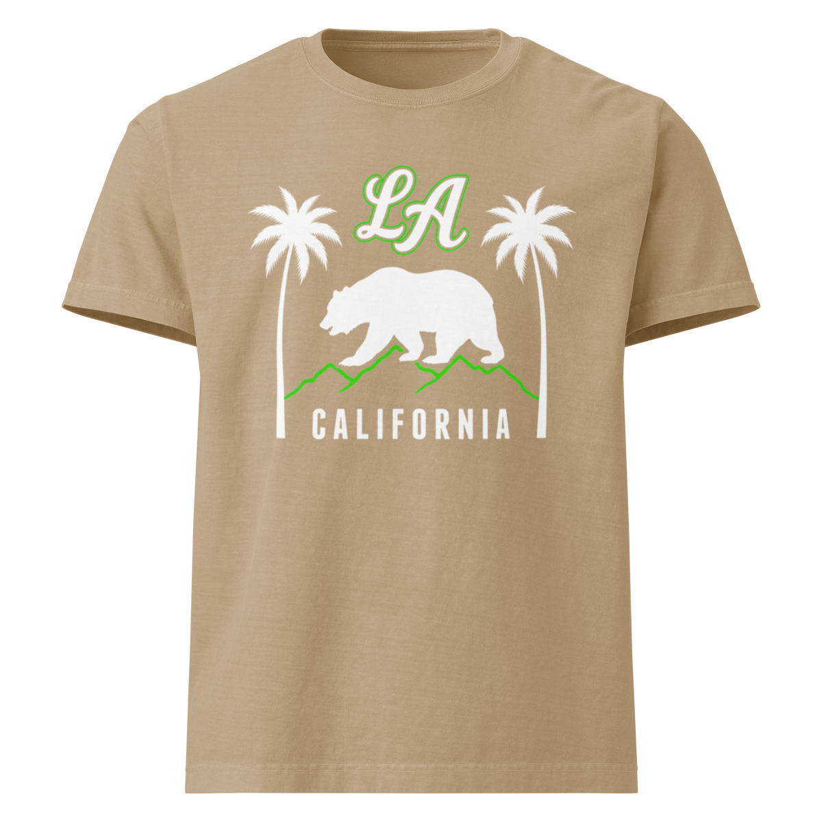 A tan crewneck t-shirt featuring a California-themed graphic on the front with a white bear, green mountains, palm trees, 'LA' in green, and 'CALIFORNIA' in white.