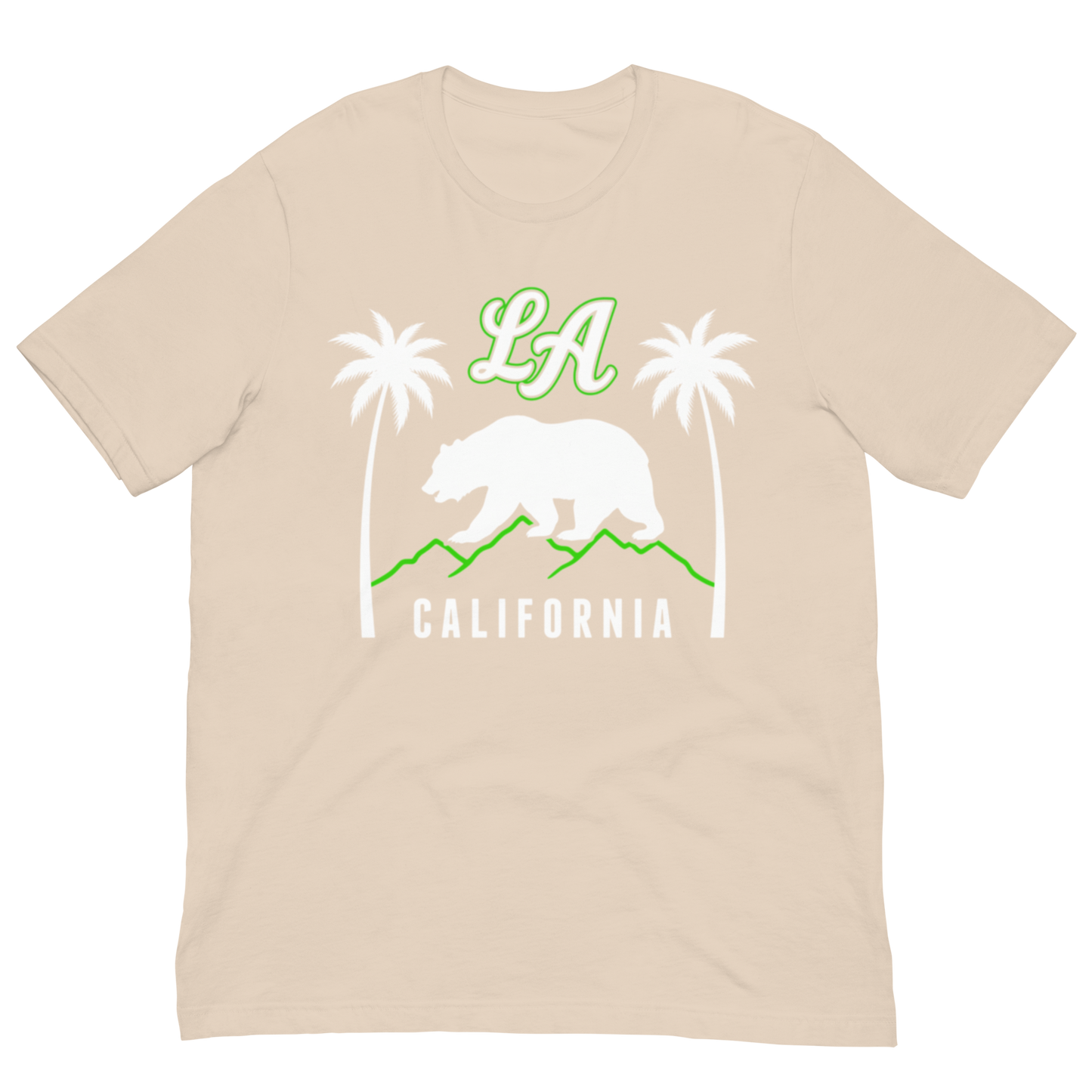 tan t-shirt with California bear and Palm trees graphic and text 'LA California' on a white background