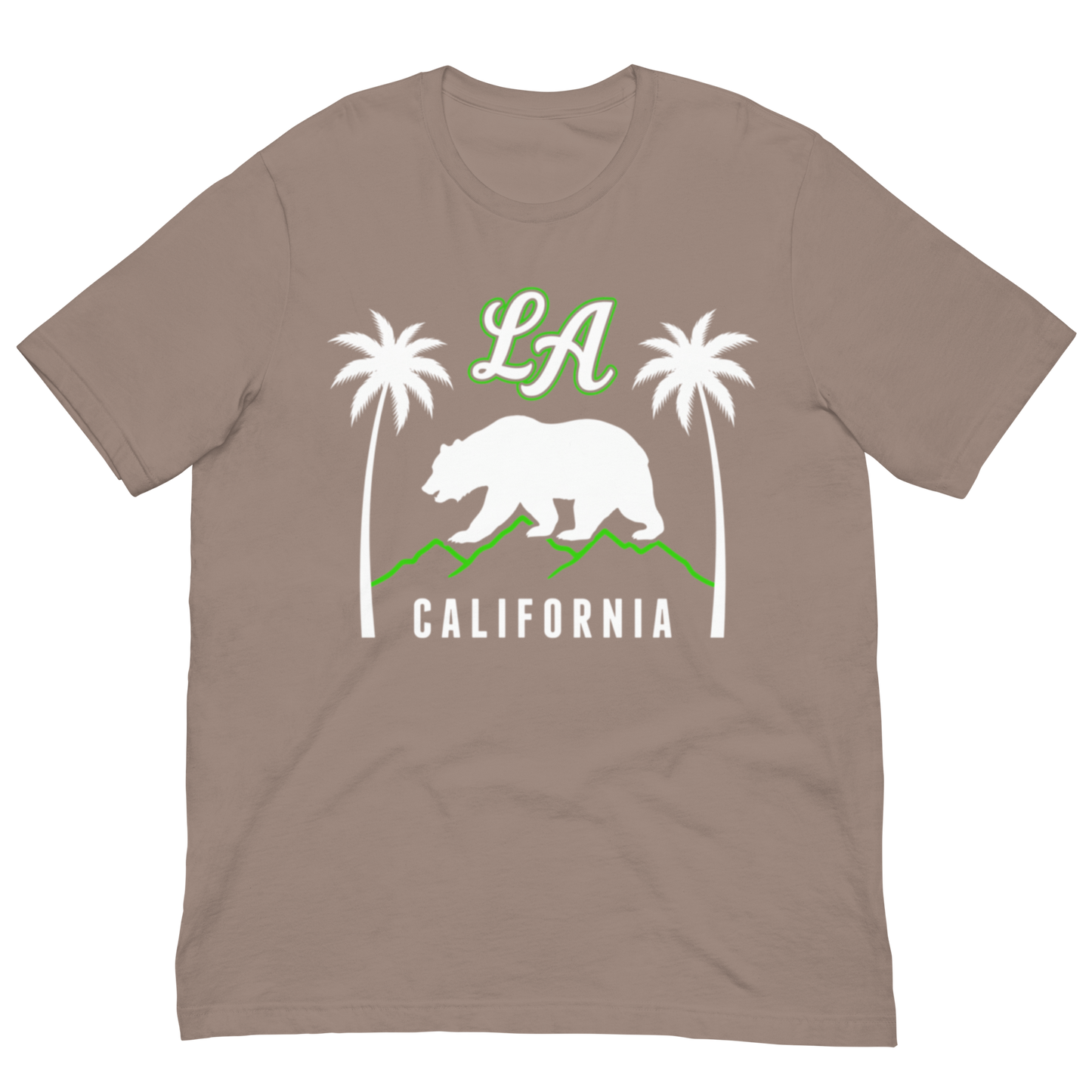 A taupe brown short-sleeve crewneck t-shirt featuring a California-themed graphic print with a white bear, green mountains, palm trees, and 'LA' in green.
