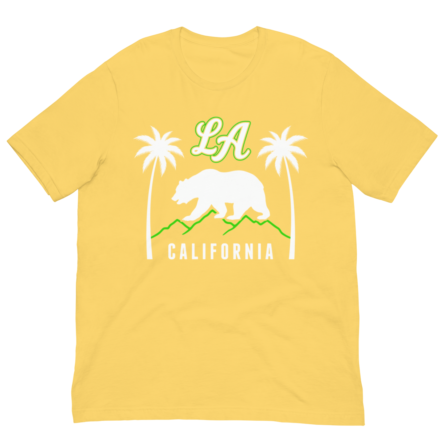 Yellow t-shirt with a California Bear graphic and text "LA California"on a white background