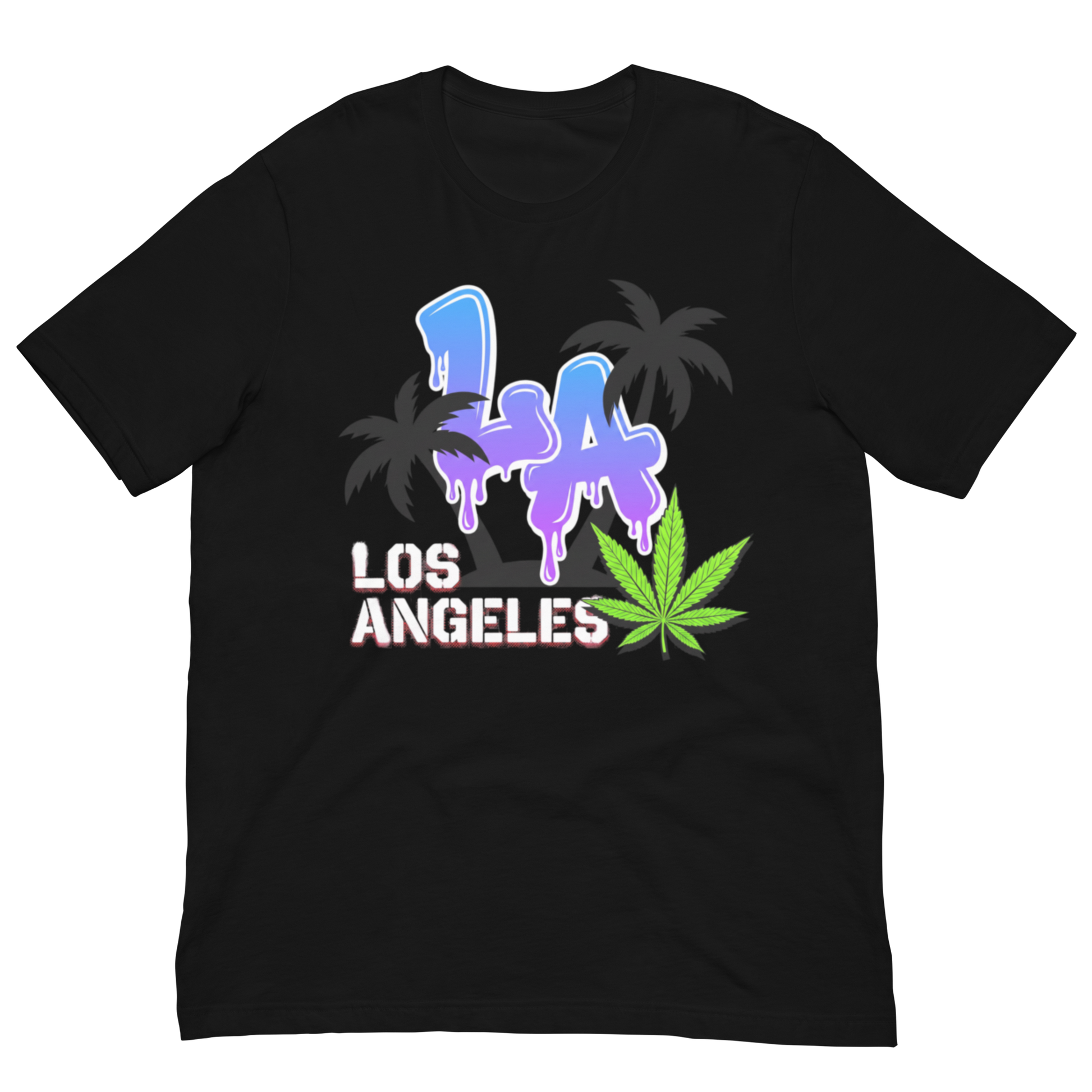 A black short-sleeve crewneck t-shirt featuring a colorful graphic on the front with the text 'Los Angeles' in white and pink, purple dripping letters, a green cannabis leaf, and dark gray palm trees.
