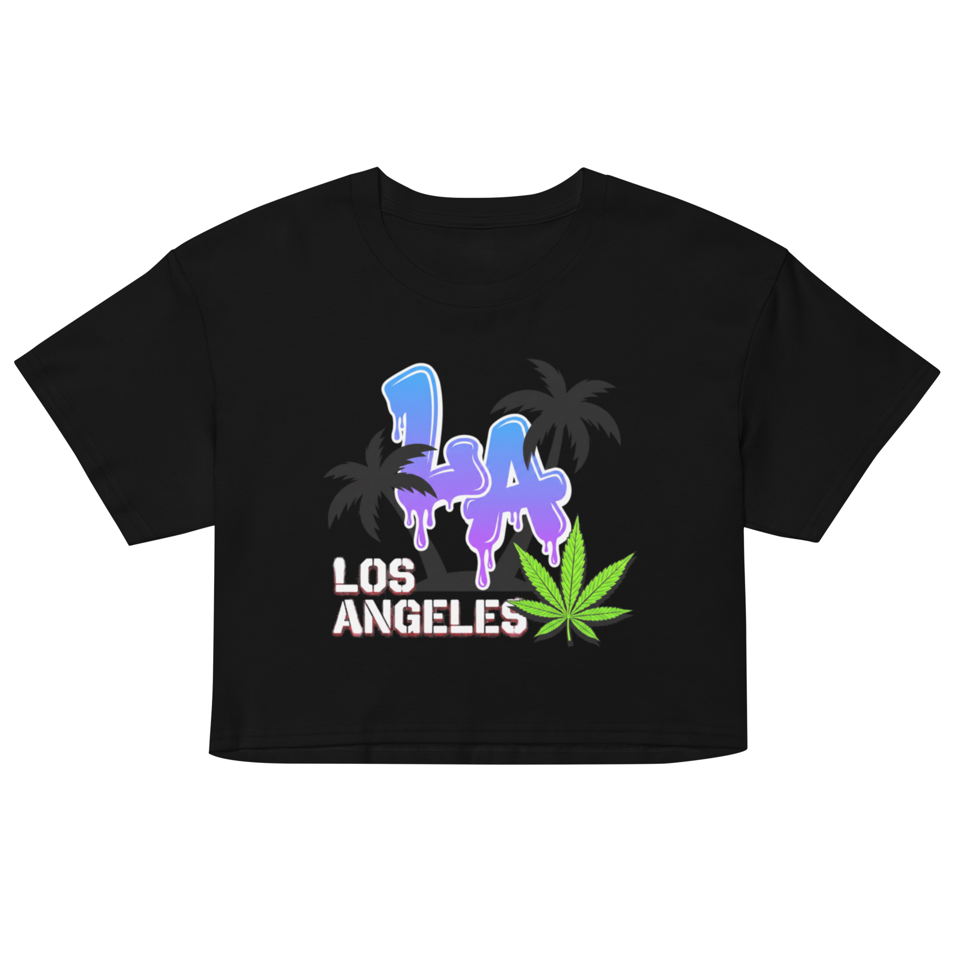 A black short-sleeve crop top t-shirt featuring a Los Angeles graphic print with purple dripping 'LA' text, a green cannabis leaf, and black palm trees on a white background.
