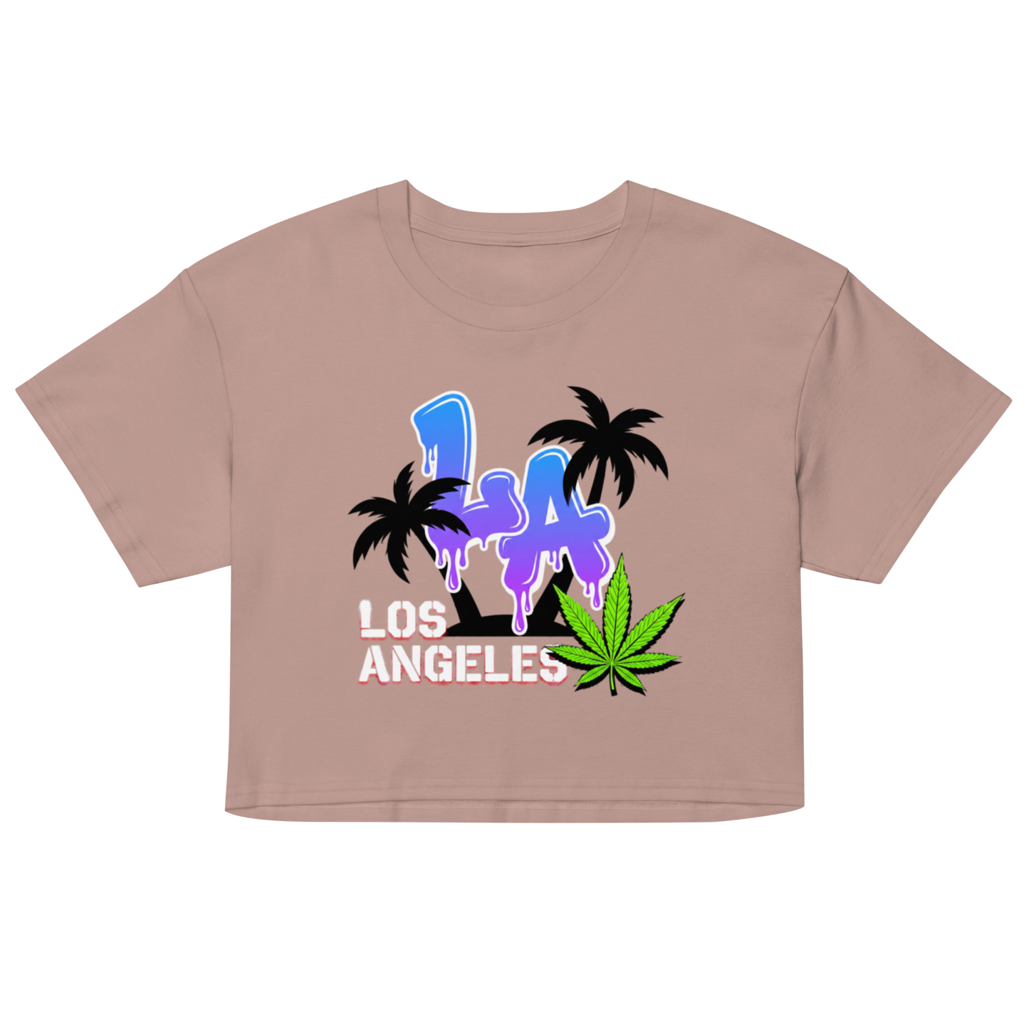 A cropped short-sleeve t-shirt in a dusty rose or mauve color, featuring a colorful graphic print on the front with the text 'LA LOS ANGELES' in blue and white, black palm trees, and a green cannabis leaf.