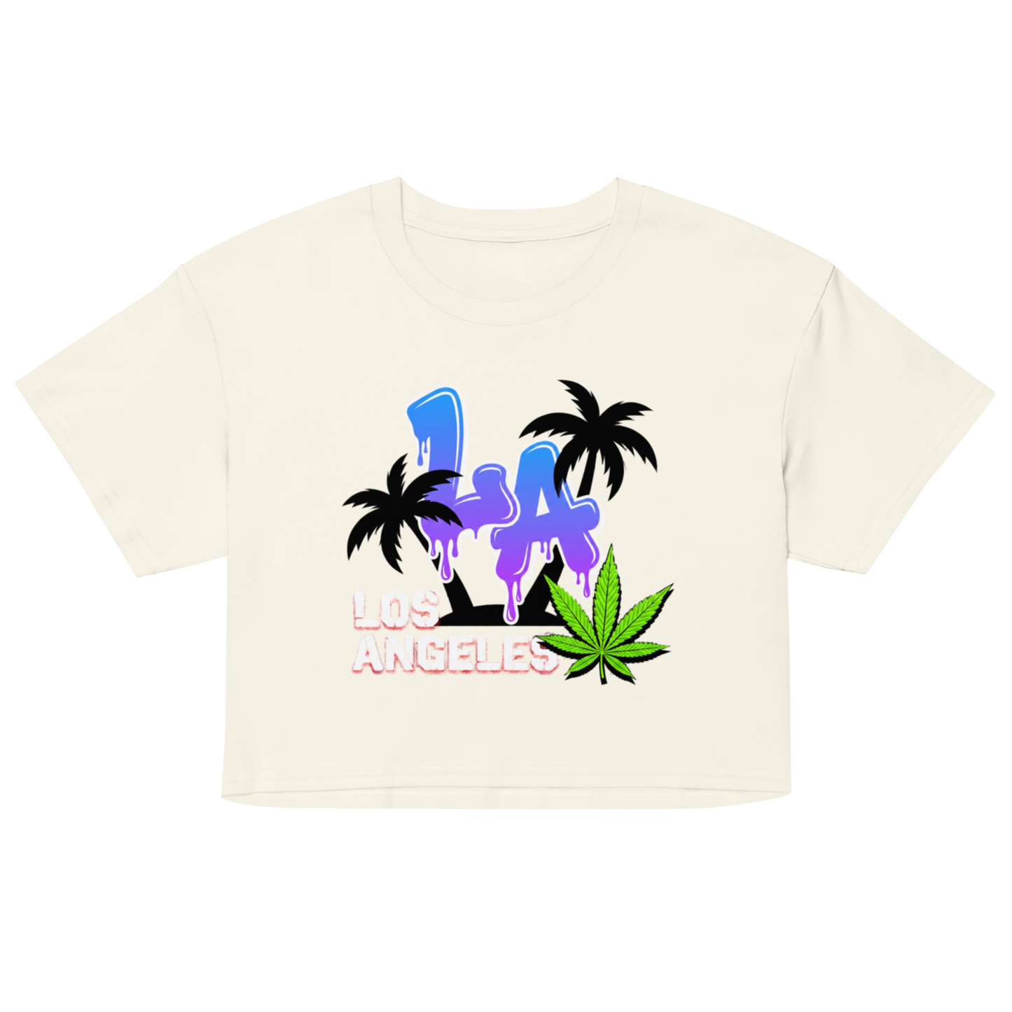 An off-white cropped short-sleeve t-shirt featuring a colorful graphic print of the letters 'LA' in blue and purple with black palm trees, 'LOS ANGELES' in pink, and a green cannabis leaf.