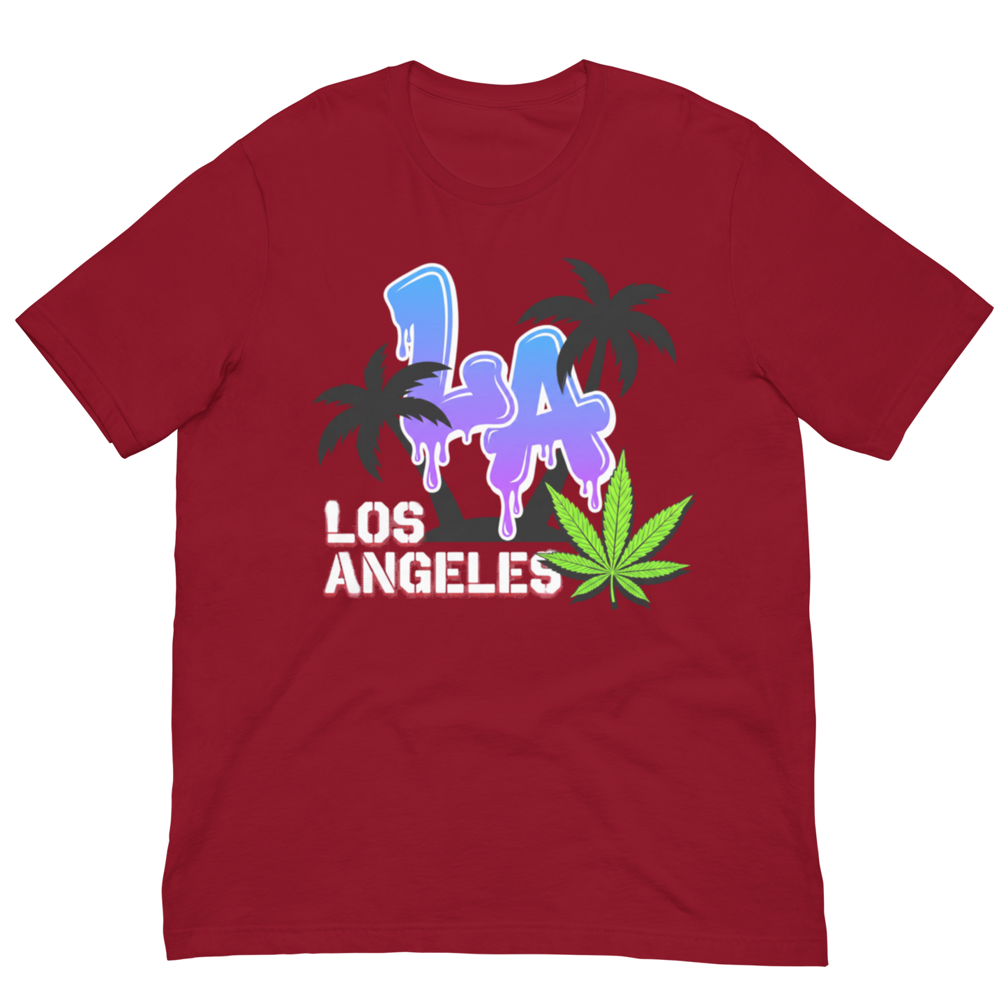 A red short-sleeve crewneck t-shirt featuring a colorful graphic on the chest with the text 'LA LOS ANGELES' in dripping paint, black palm trees, and a green cannabis leaf, displayed on a solid white background.