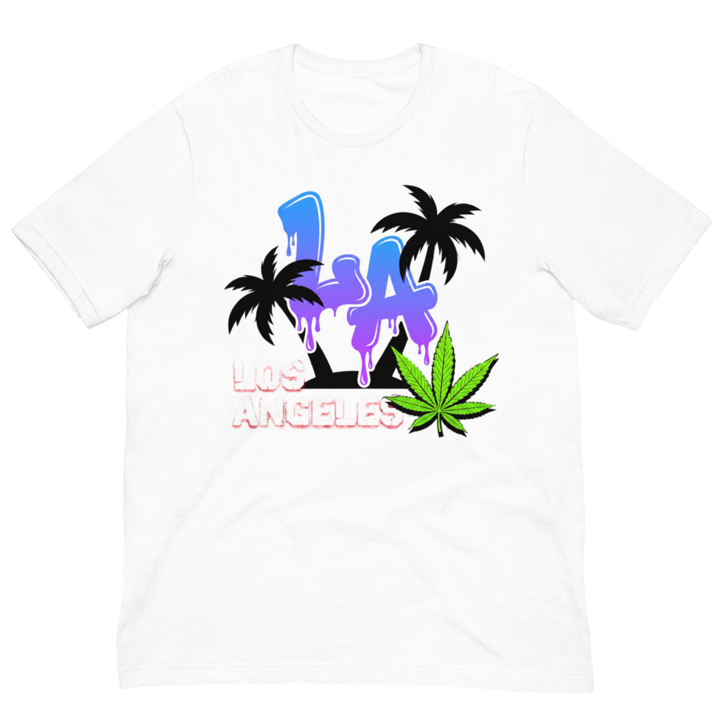 A white short-sleeve crewneck t-shirt featuring a colorful graphic print on the front. The graphic displays the letters 'LA' in a dripping blue and purple paint style, flanked by black palm trees, with 'LOS ANGELES' written in pink bubble letters underneath and a green cannabis leaf in the foreground.