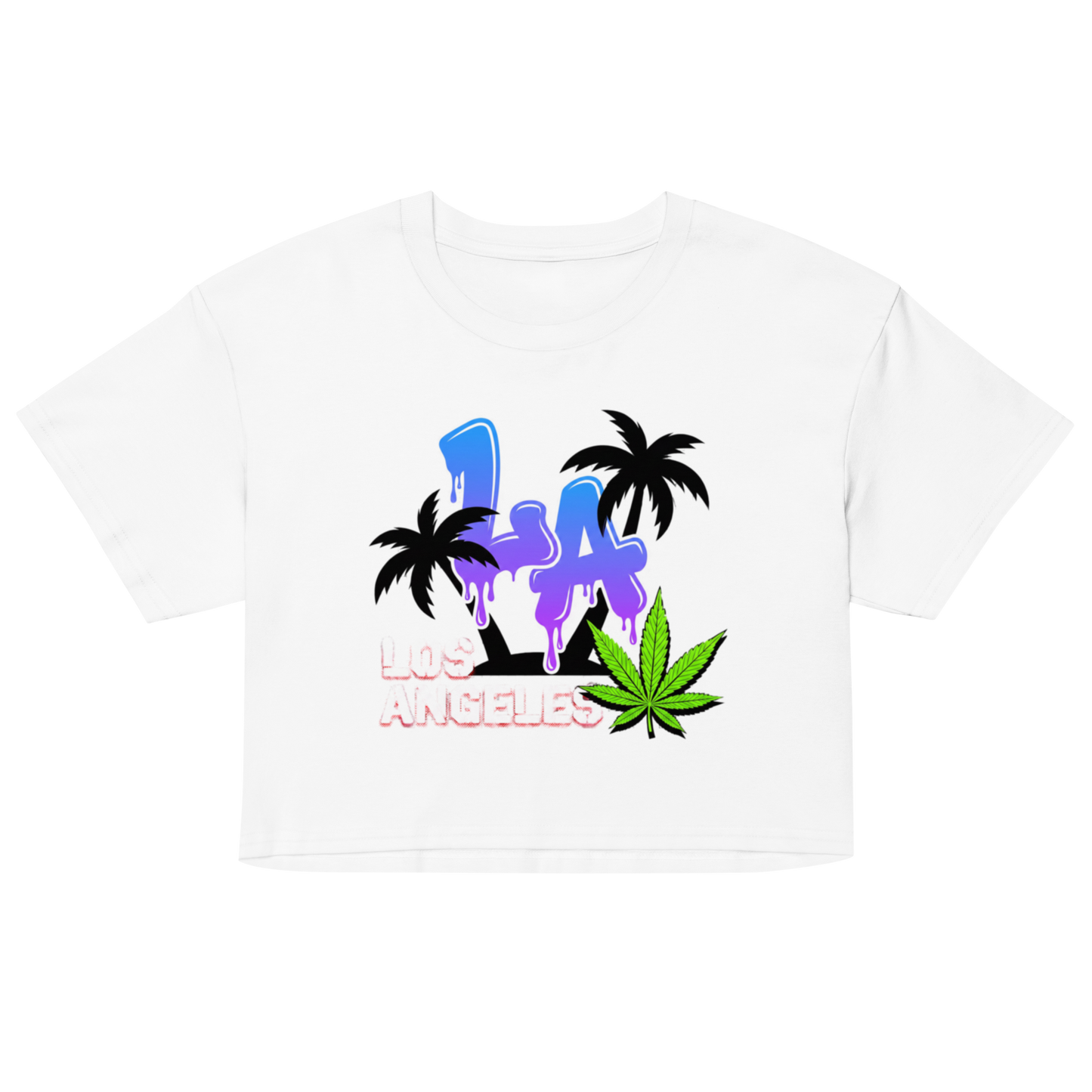 A white short-sleeve crop top t-shirt featuring a colorful graphic on the front with the text 'LA' in blue and purple dripping palm trees, 'LOS ANGELES' in pink, and a green cannabis leaf.