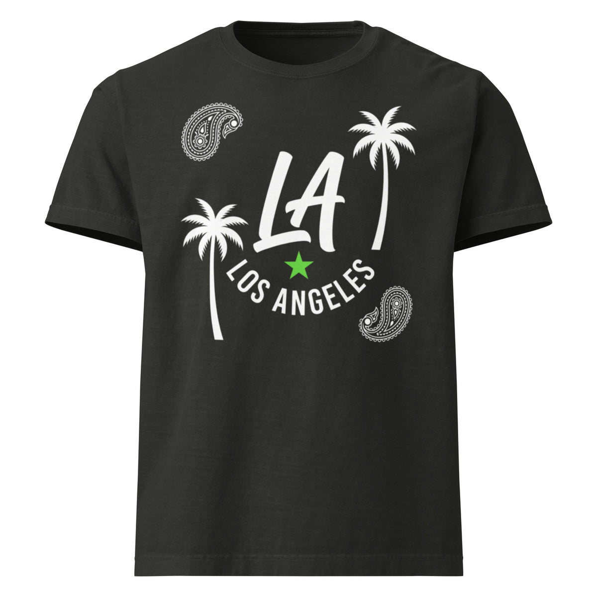 A black short-sleeve crewneck t-shirt featuring a white graphic print of 'LA LOS ANGELES' with palm trees, paisley patterns, and a small green star on the front, displayed against a solid white background.