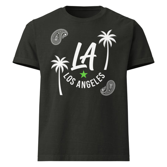 A black short-sleeve crewneck t-shirt featuring a white graphic print of 'LA LOS ANGELES' with palm trees, paisley patterns, and a small green star on the front, displayed against a solid white background.