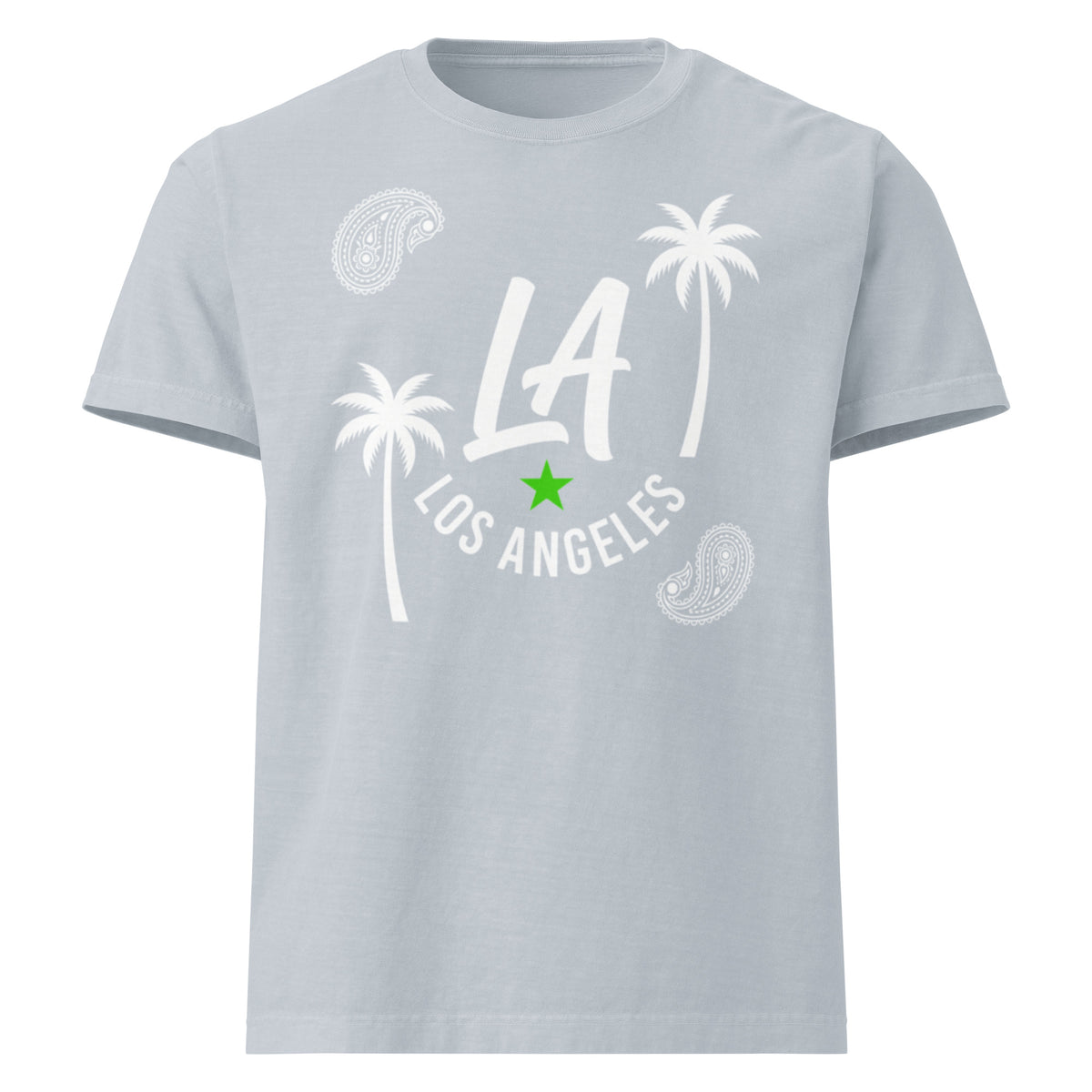 A light gray crewneck t-shirt featuring a white graphic print with the text 'LA LOS ANGELES', palm trees, paisley patterns, and a small green star.