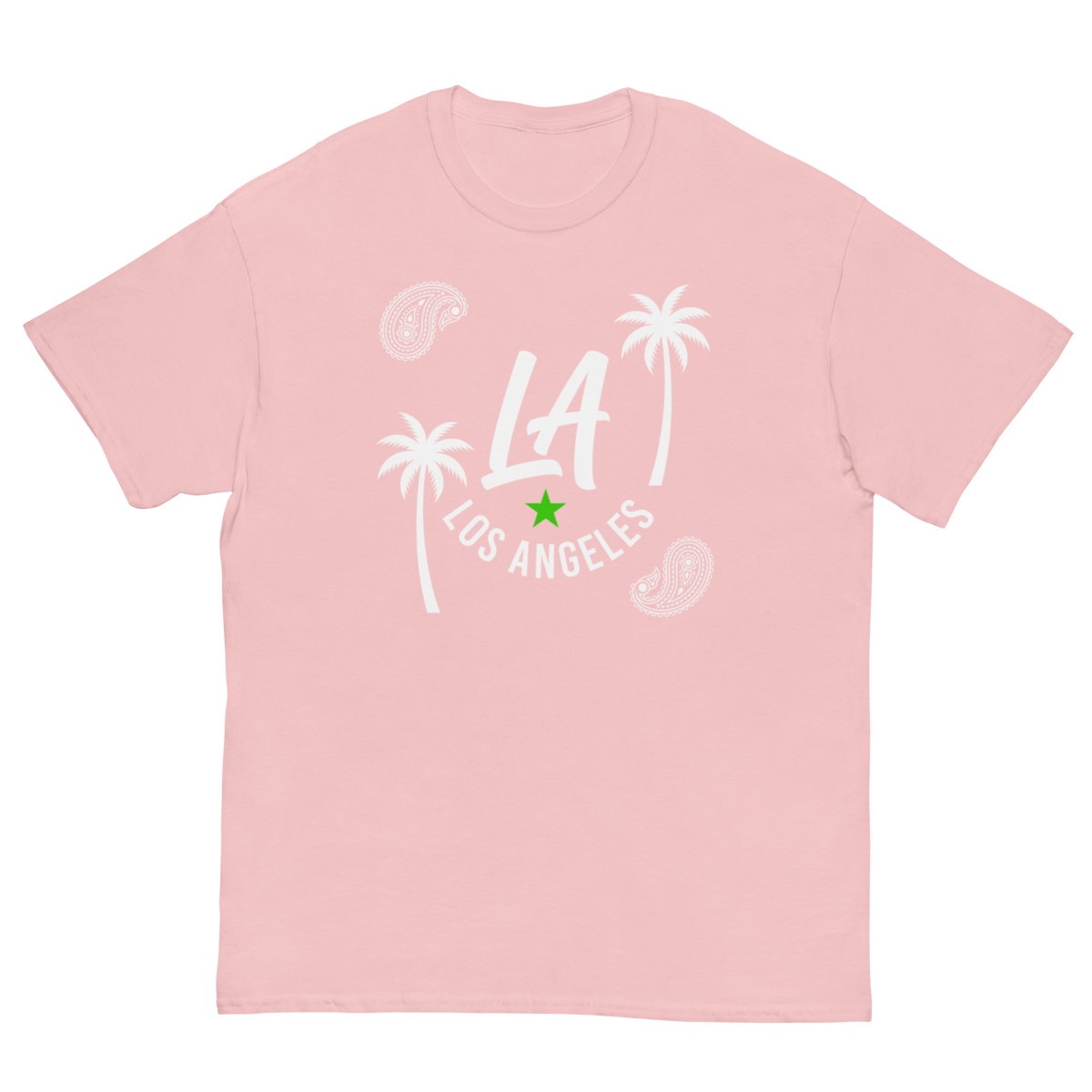 A light pink short-sleeve crewneck t-shirt featuring a white graphic print of 'LA LOS ANGELES' with palm trees, paisley patterns, and a small green star.