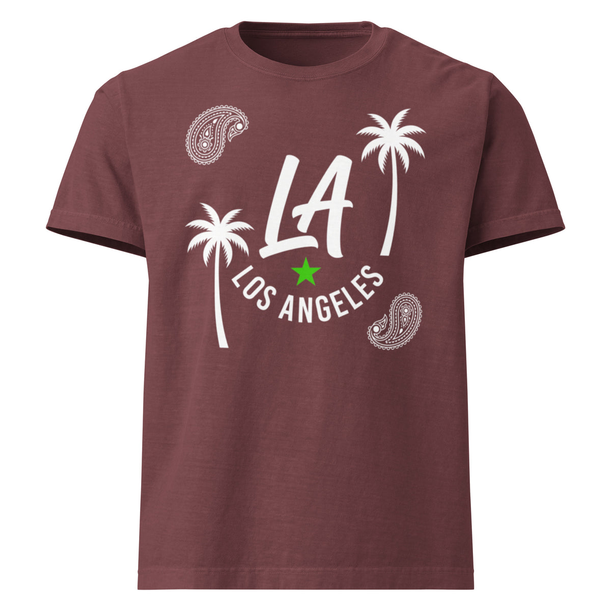 A short-sleeve crewneck t-shirt in maroon, featuring a white graphic print with the text 'LA LOS ANGELES', palm trees, paisley patterns, and a small green star on the front.